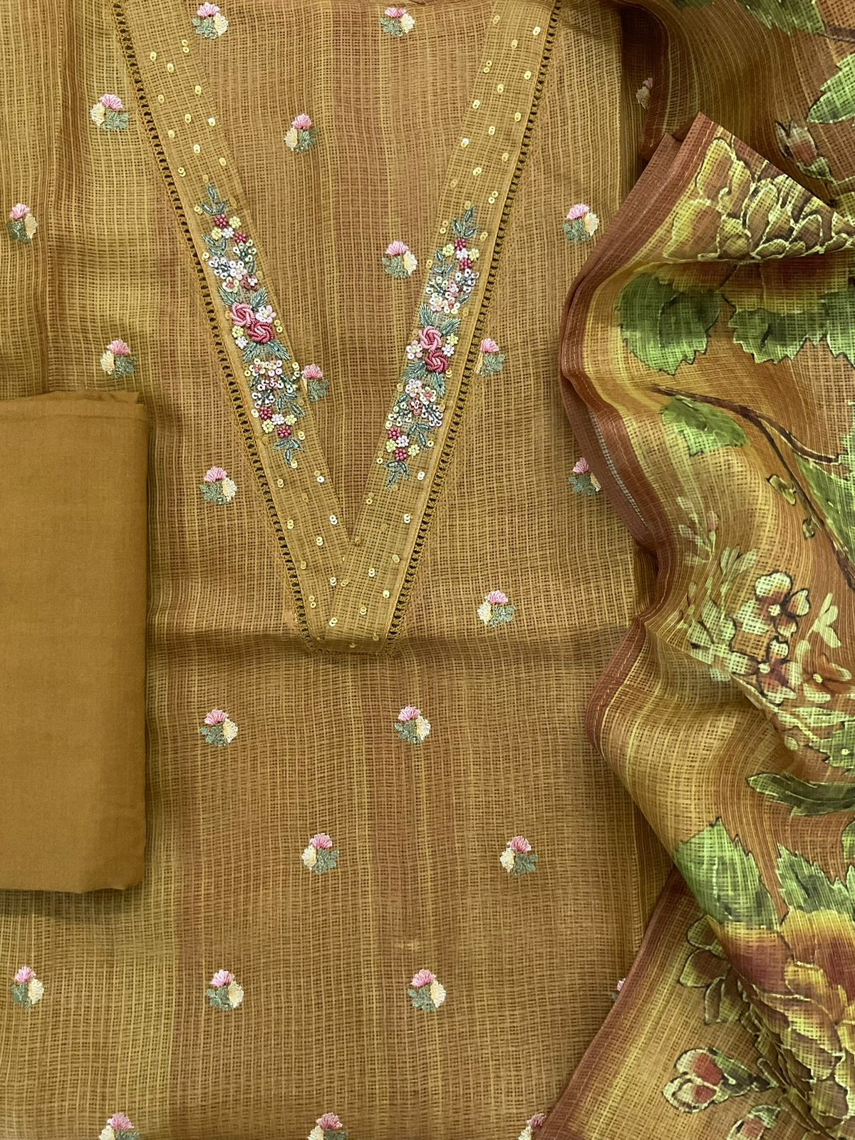 Soft Kota Silk Printed Embroidered Suit - Mustard
