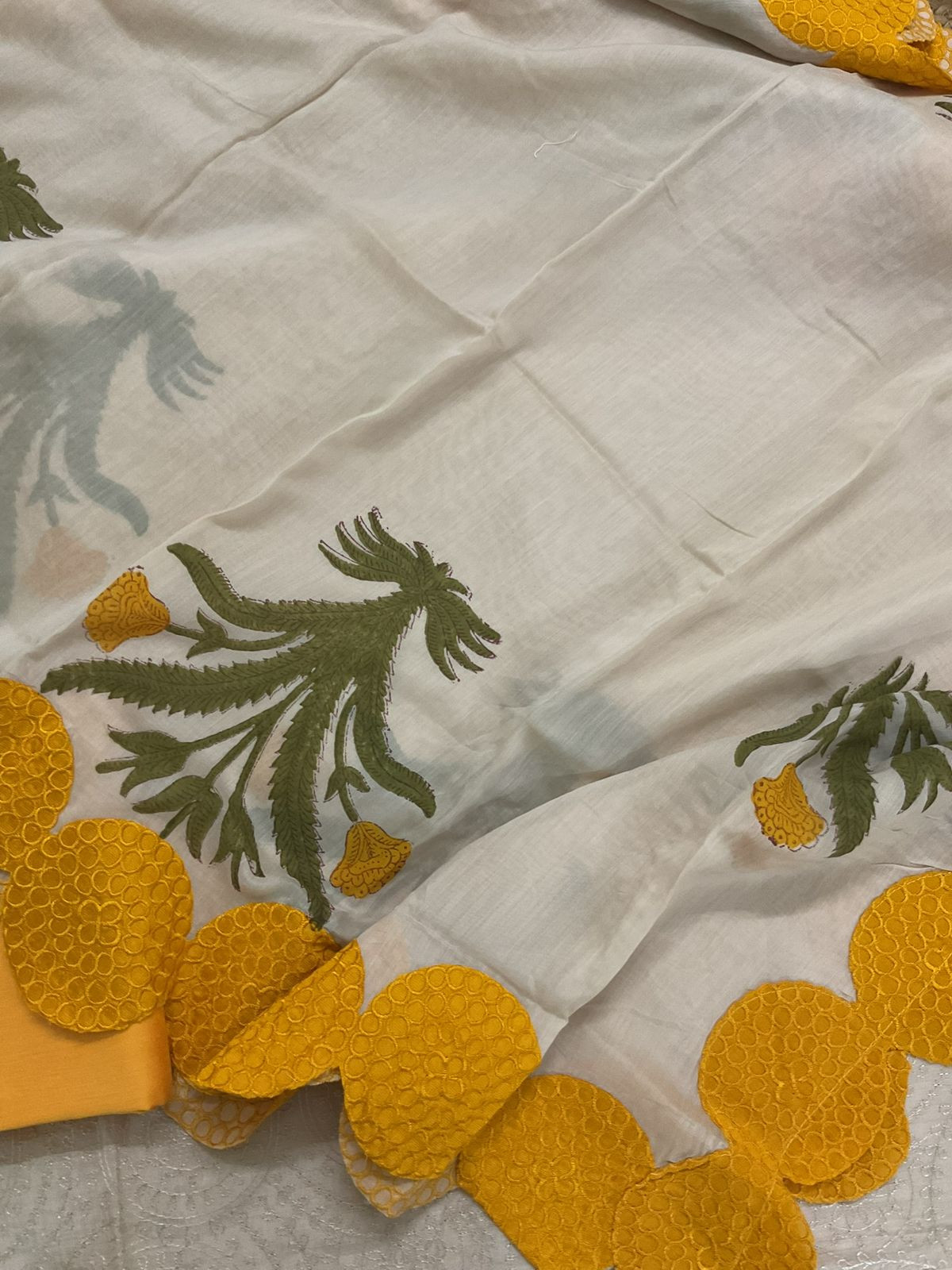 Pure Muslin Block Printed Embroidered Suit - Cream