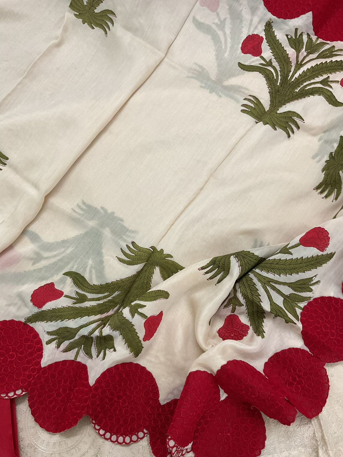 Pure Muslin Block Printed Embroidered Suit - Cream
