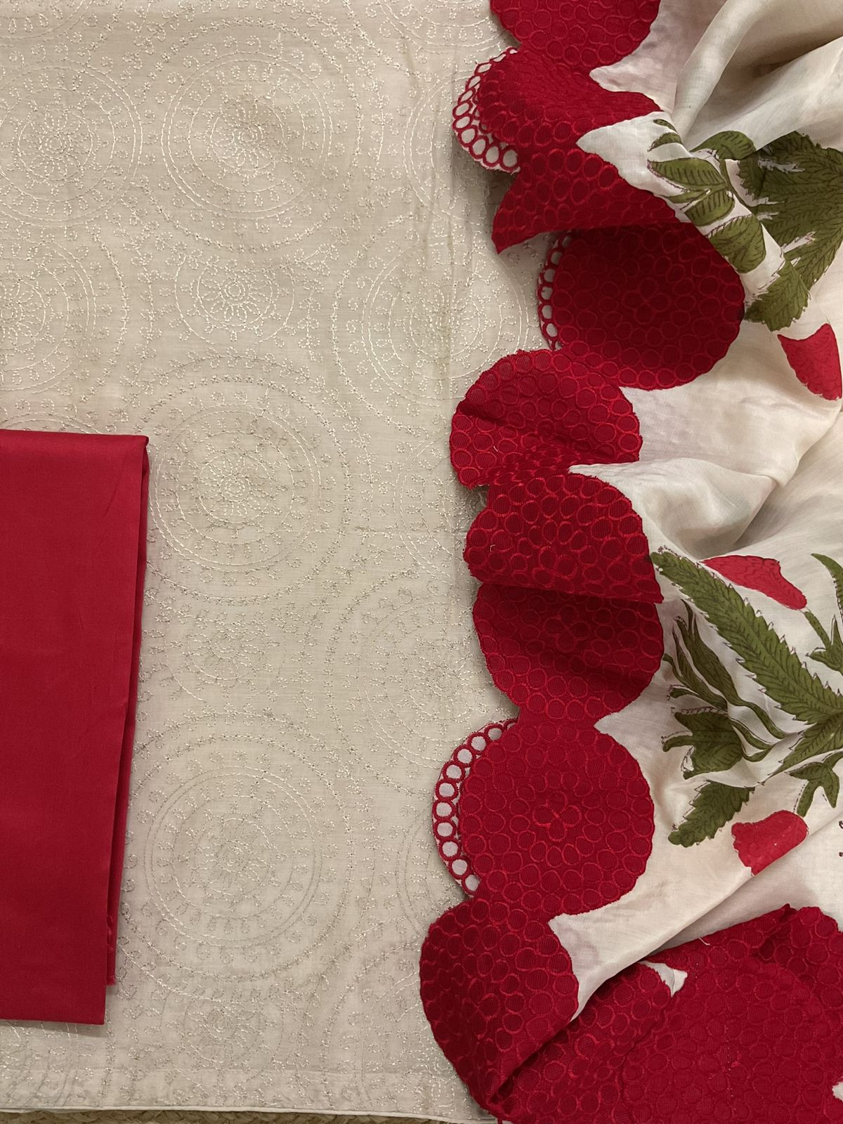 Pure Muslin Block Printed Embroidered Suit - Cream