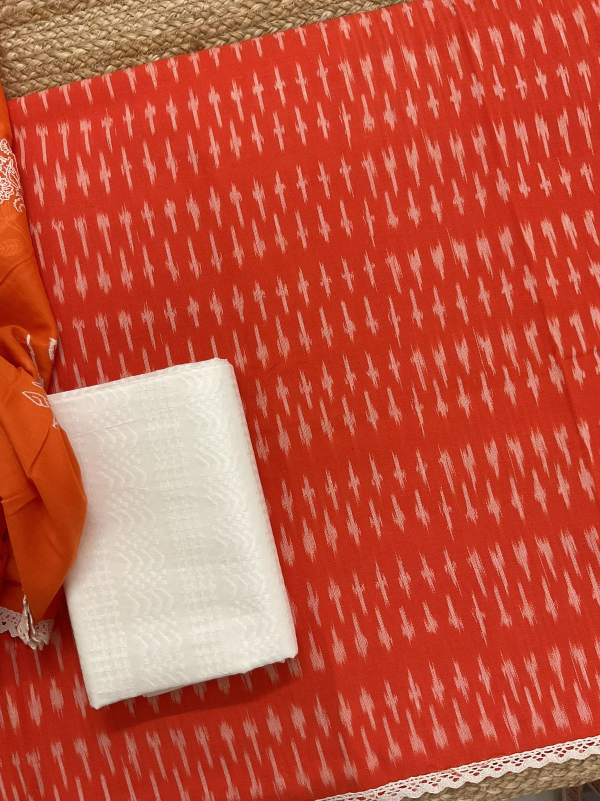 Pure Ikkat Cotton Shaded Embroidered Suit - Orange