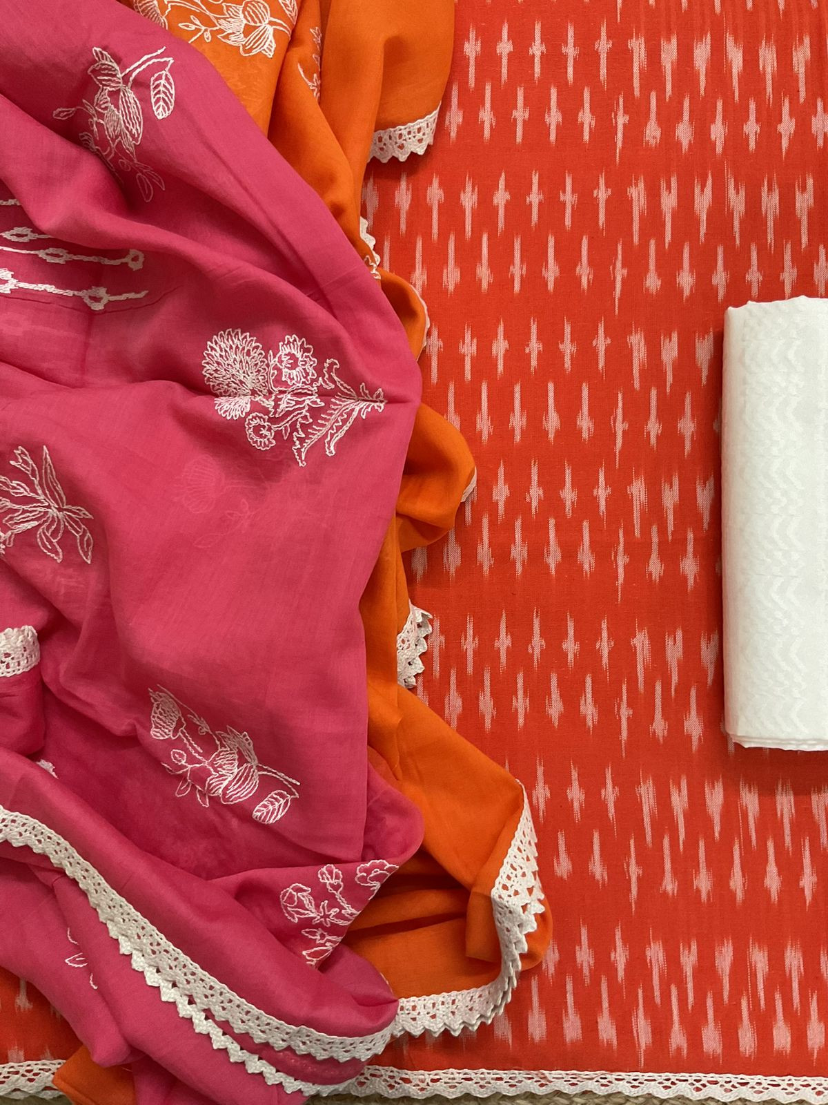Pure Ikkat Cotton Shaded Embroidered Suit - Orange