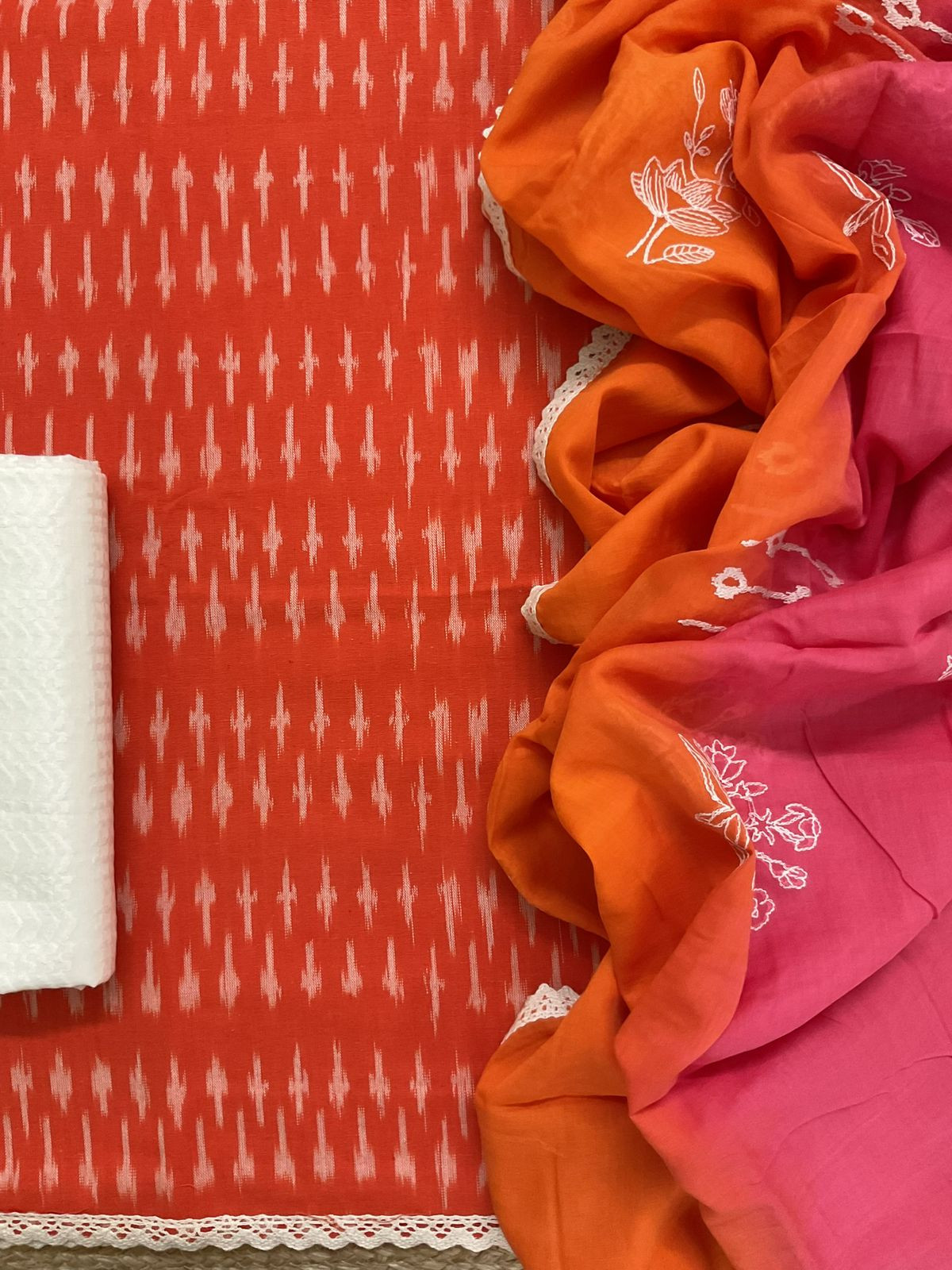 Pure Ikkat Cotton Shaded Embroidered Suit - Orange