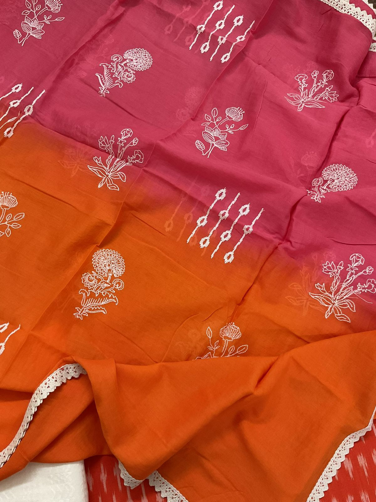 Pure Ikkat Cotton Shaded Embroidered Suit - Orange