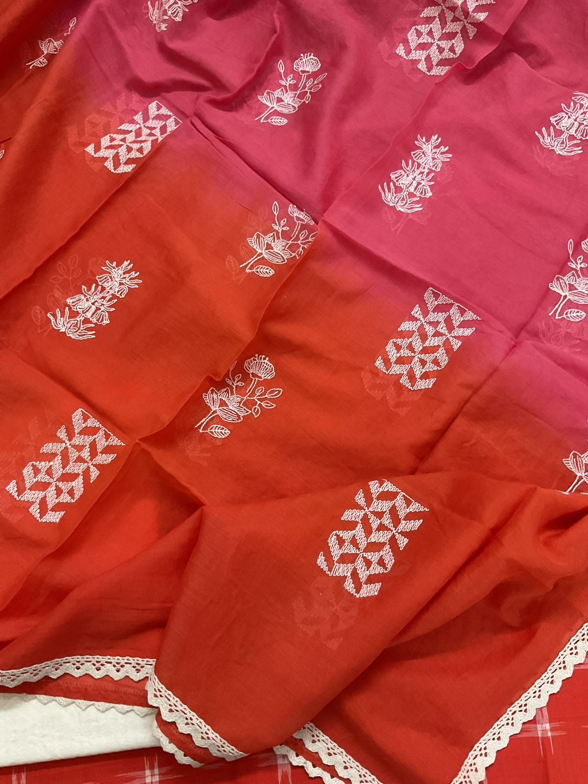 Pure Ikkat Cotton Shaded Embroidered Suit - Orange