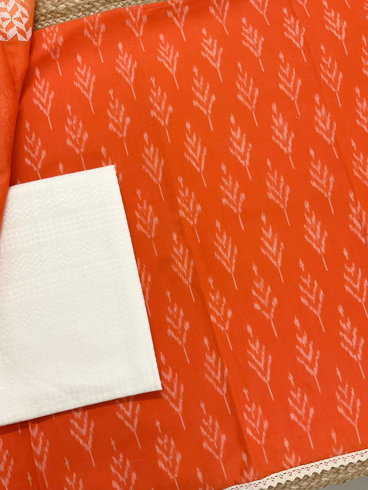 Pure Ikkat Cotton Shaded Embroidered Suit - Orange