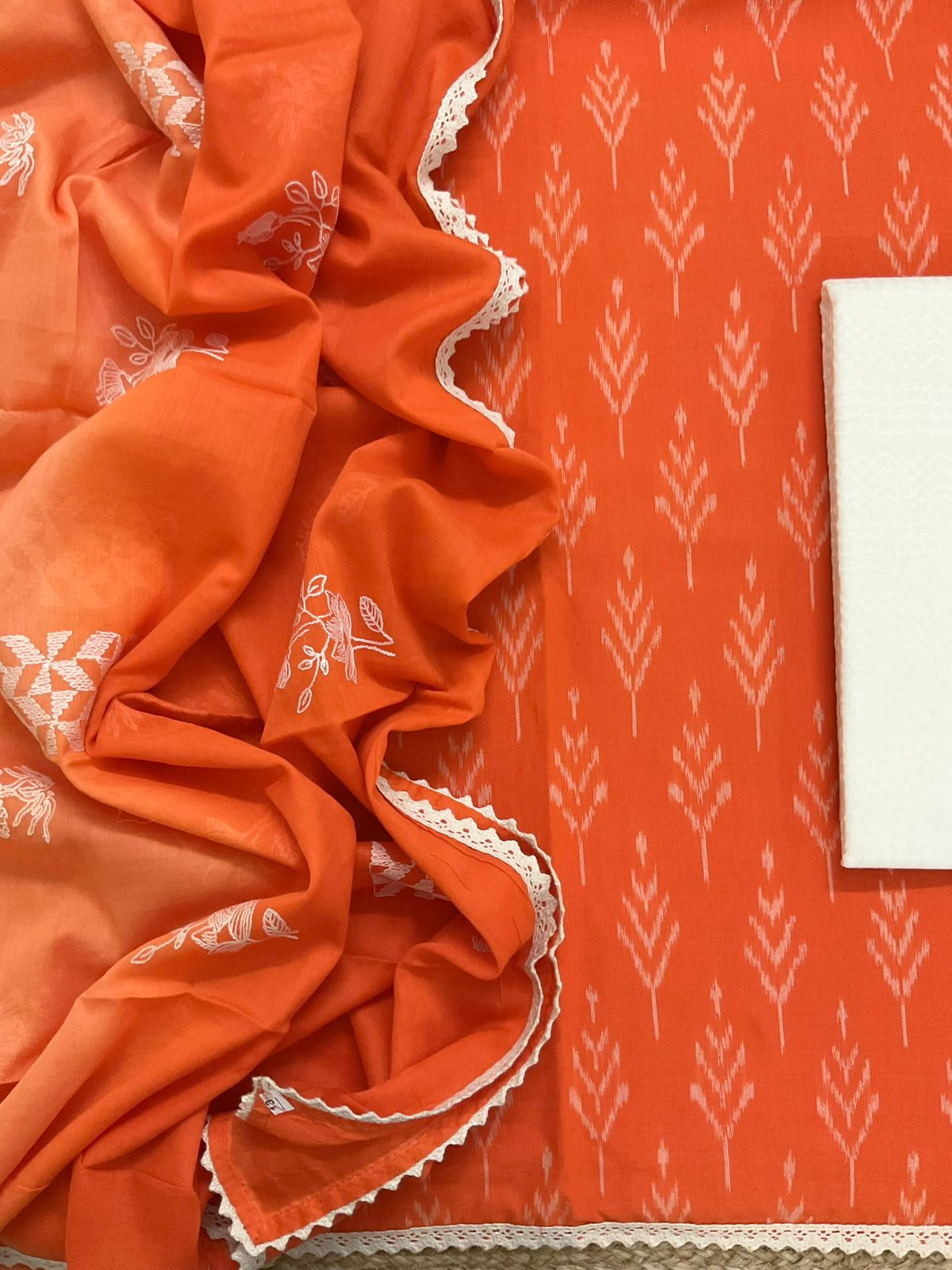 Pure Ikkat Cotton Shaded Embroidered Suit - Orange