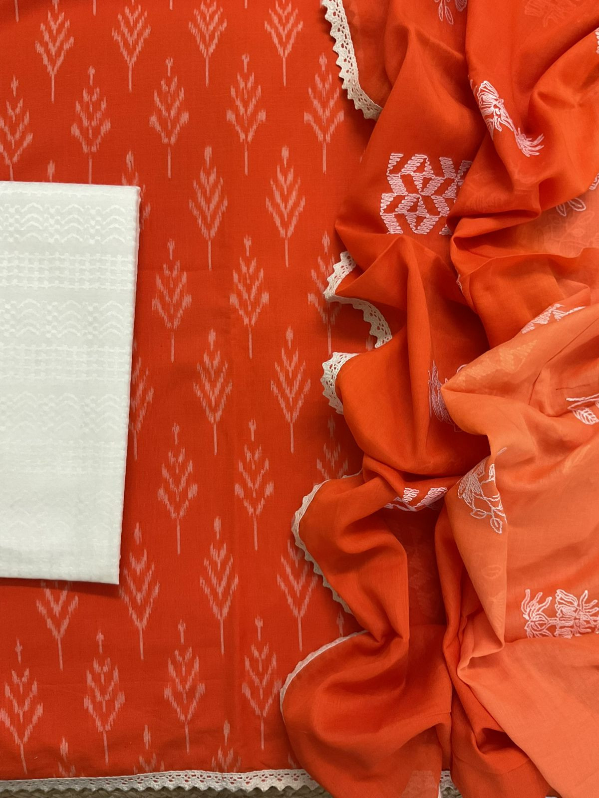 Pure Ikkat Cotton Shaded Embroidered Suit - Orange