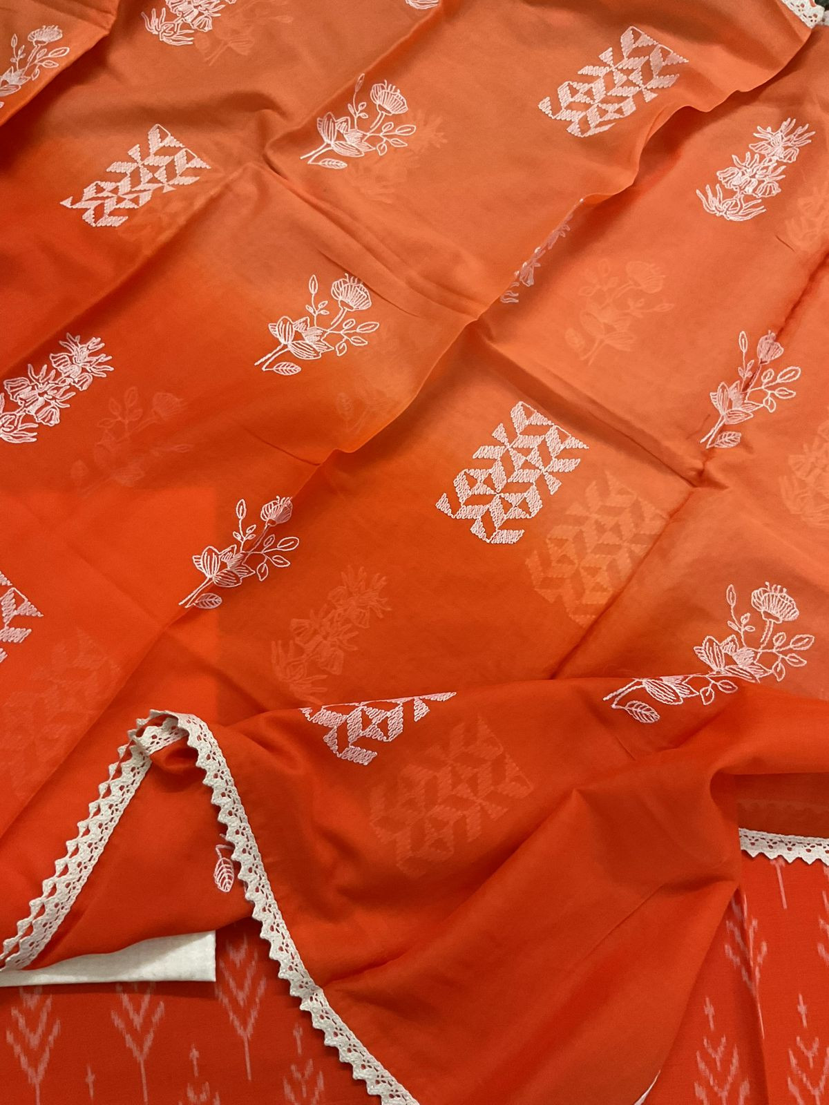 Pure Ikkat Cotton Shaded Embroidered Suit - Orange