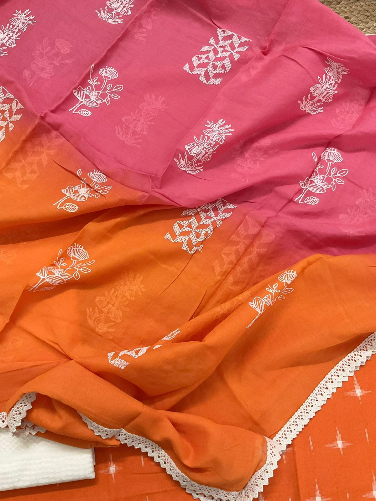 Pure Ikkat Cotton Shaded Embroidered Suit - Orange
