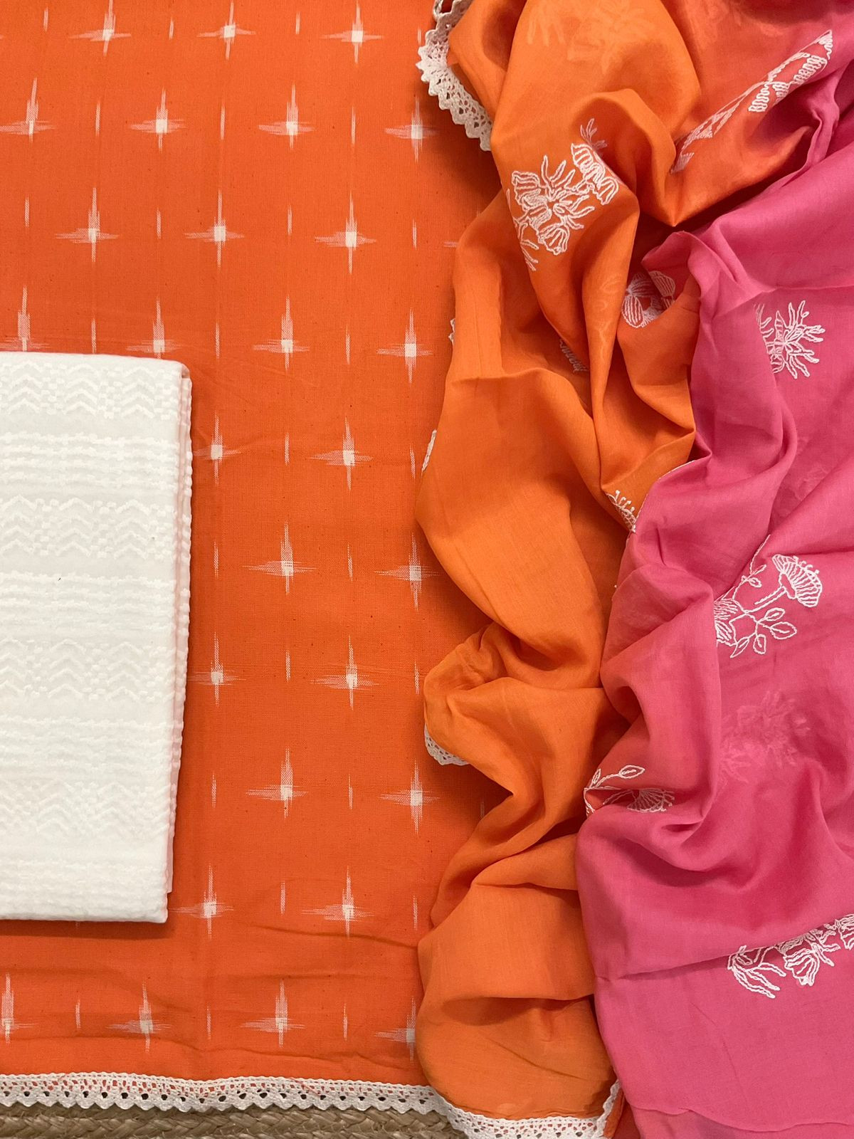 Pure Ikkat Cotton Shaded Embroidered Suit - Orange