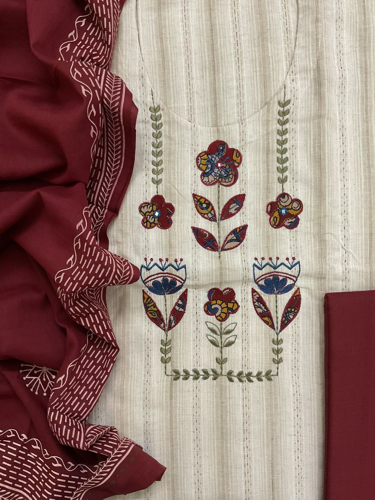 Pure Handloom Cotton Self Weaved Printed Embroidered Suit - Beige