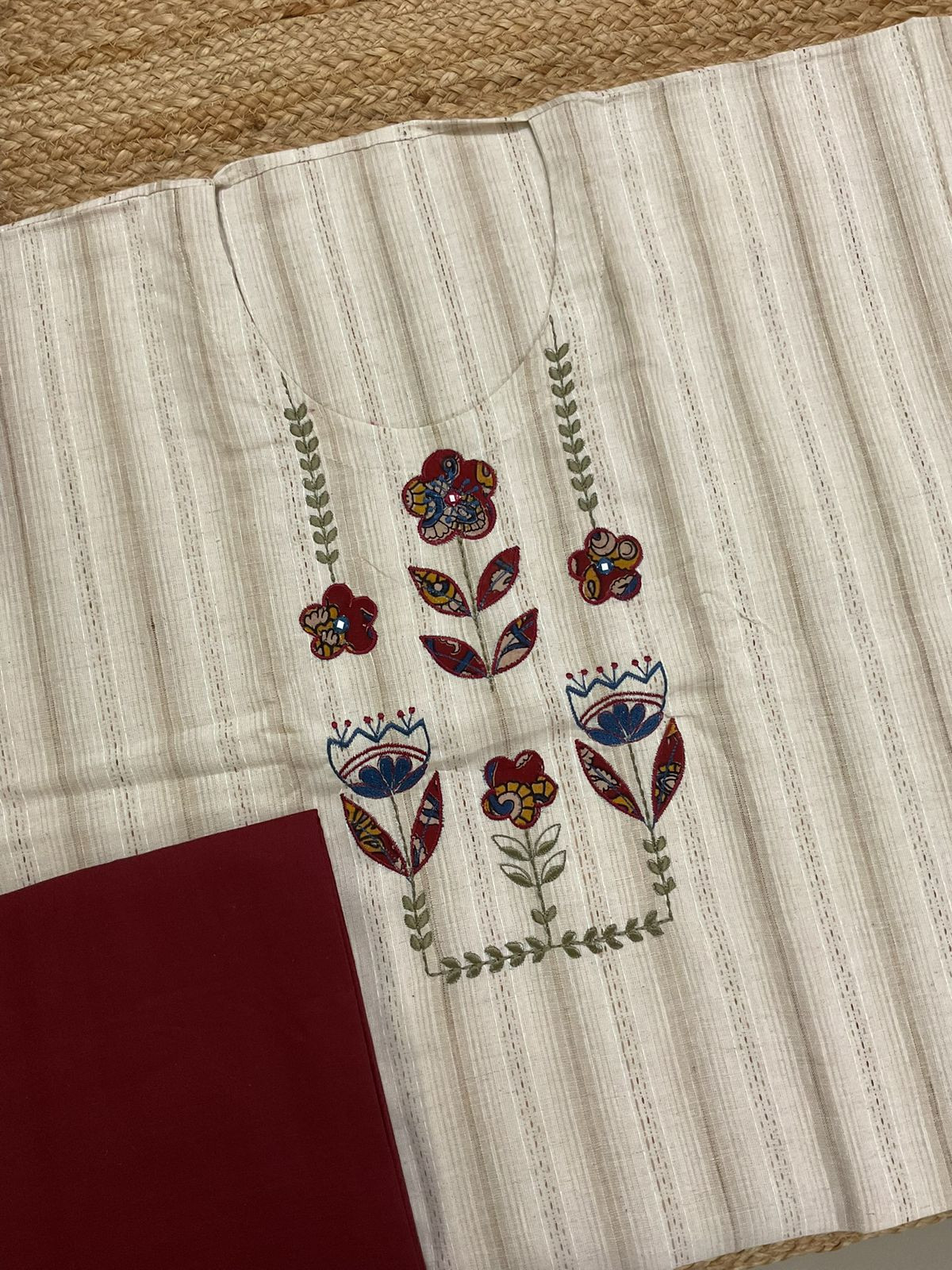 Pure Handloom Cotton Self Weaved Printed Embroidered Suit - Beige