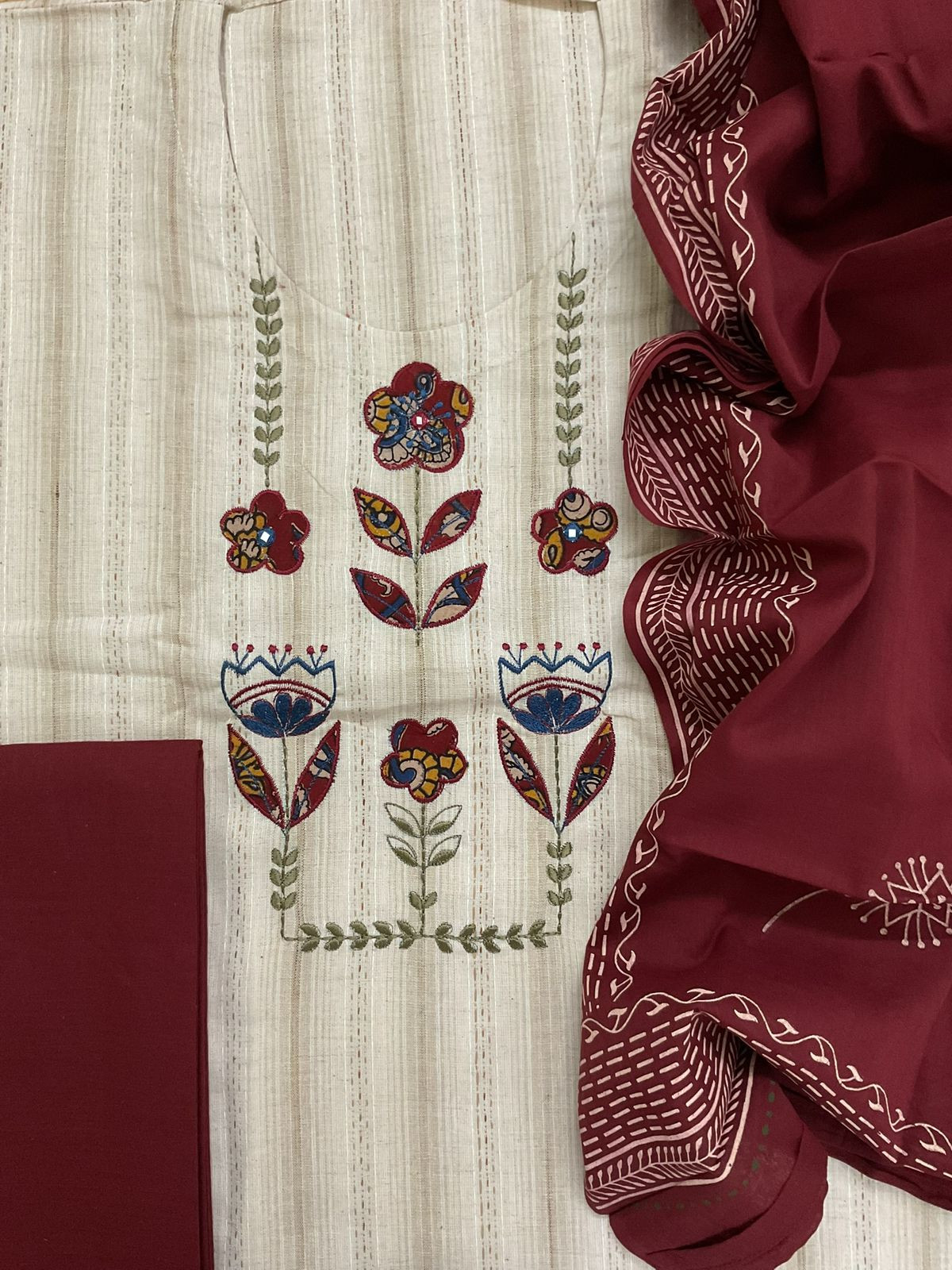 Pure Handloom Cotton Self Weaved Printed Embroidered Suit - Beige