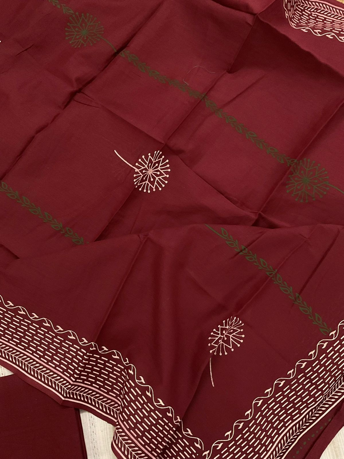 Pure Handloom Cotton Self Weaved Printed Embroidered Suit - Beige