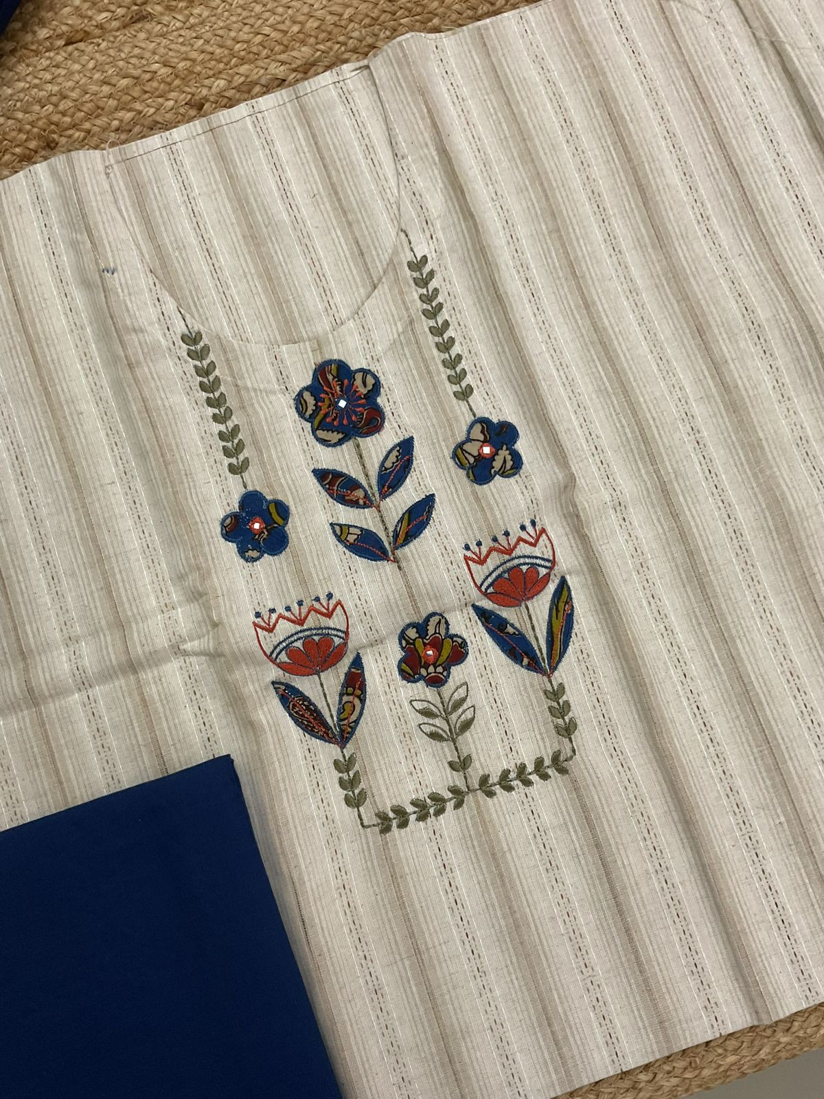 Pure Handloom Cotton Self Weaved Printed Embroidered Suit - Beige
