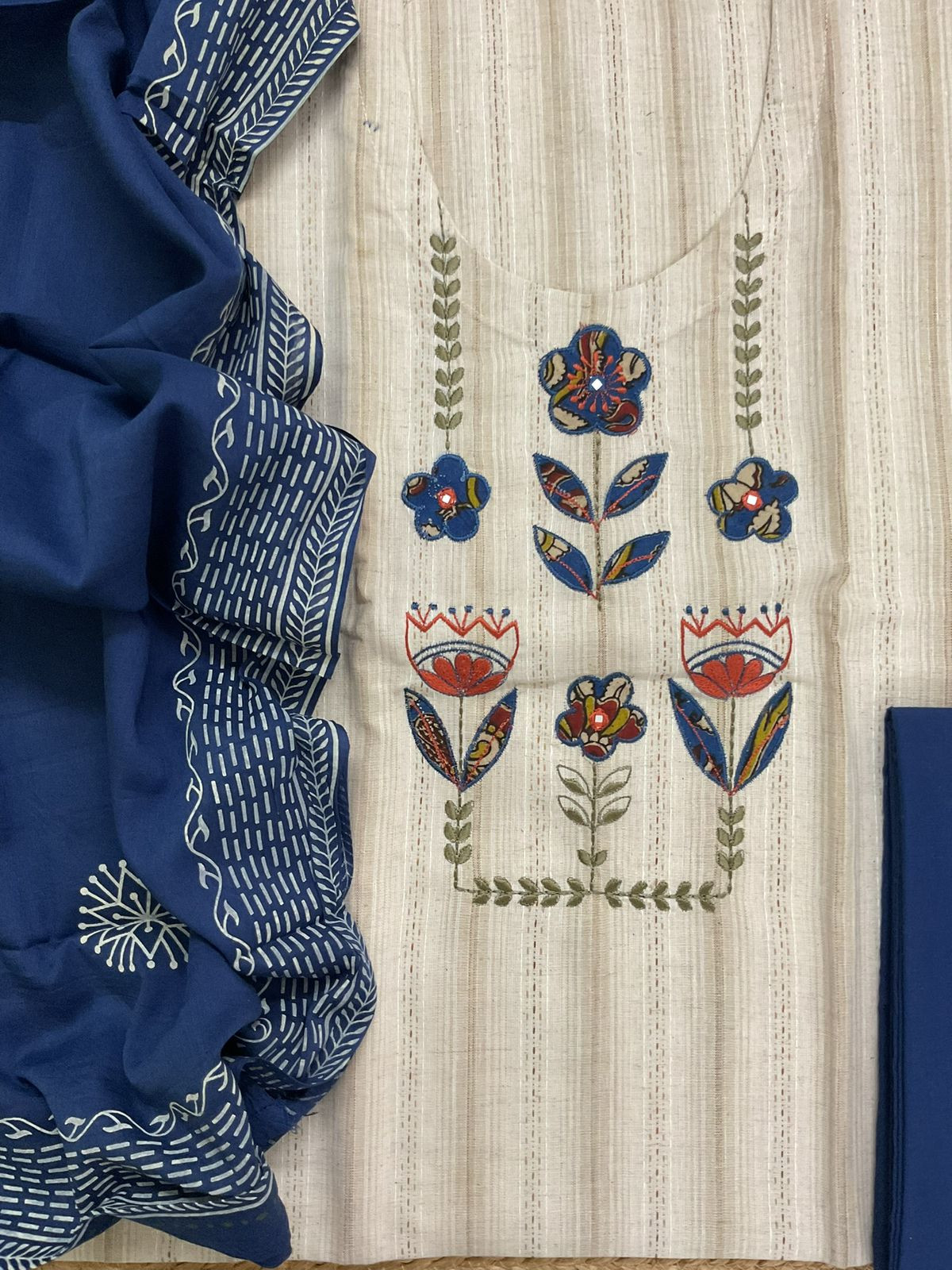 Pure Handloom Cotton Self Weaved Printed Embroidered Suit - Beige