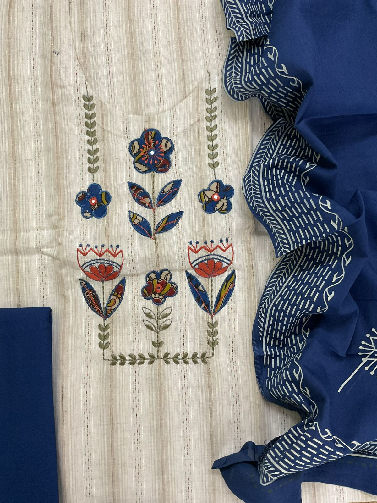 Pure Handloom Cotton Self Weaved Printed Embroidered Suit - Beige