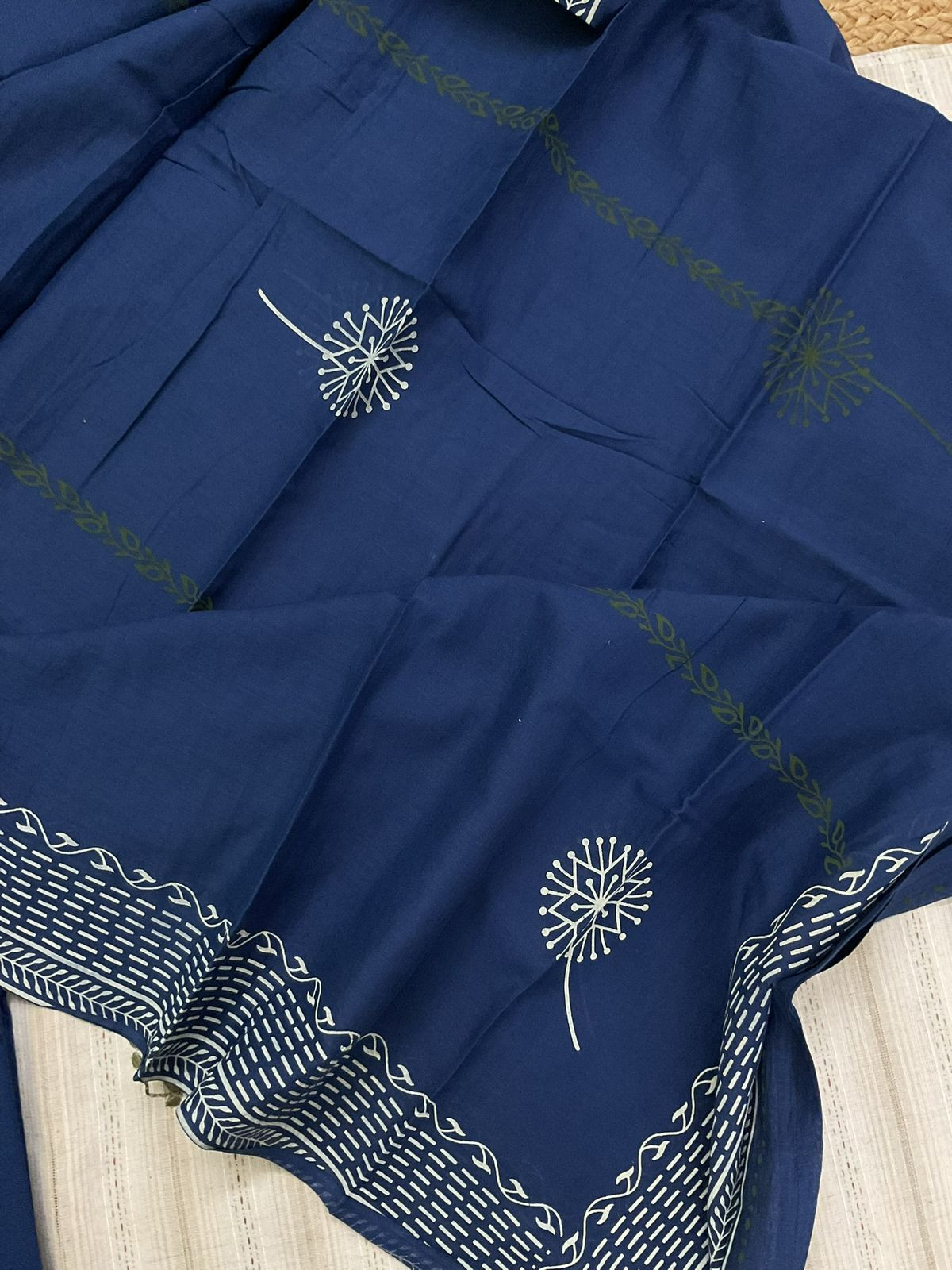 Pure Handloom Cotton Self Weaved Printed Embroidered Suit - Beige