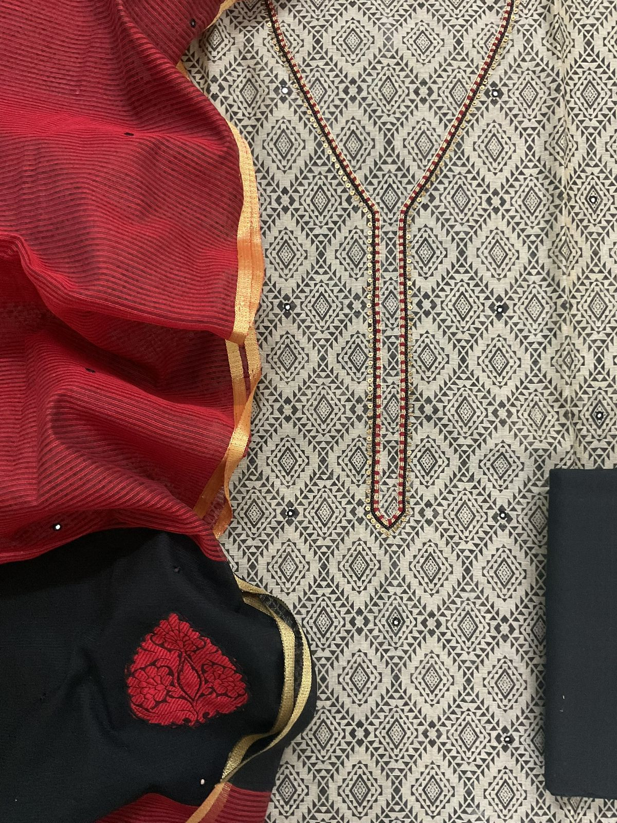 Soft Slub Chanderi Printed Embroidered Suit - Beige