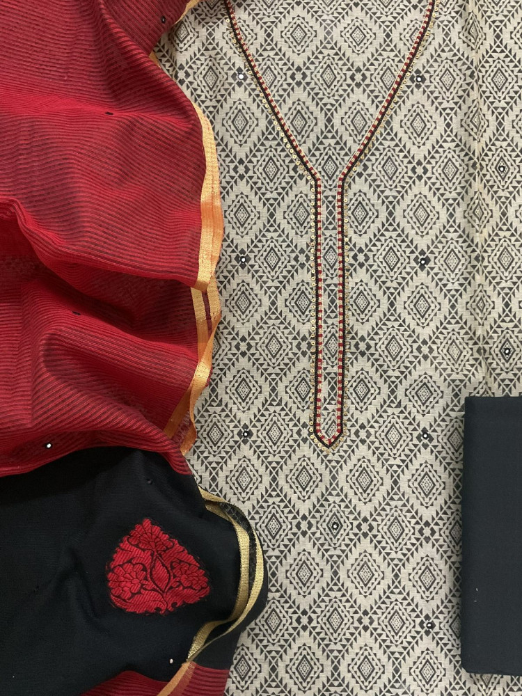 Image of Soft Slub Chanderi Printed Embroidered Suit - Beige