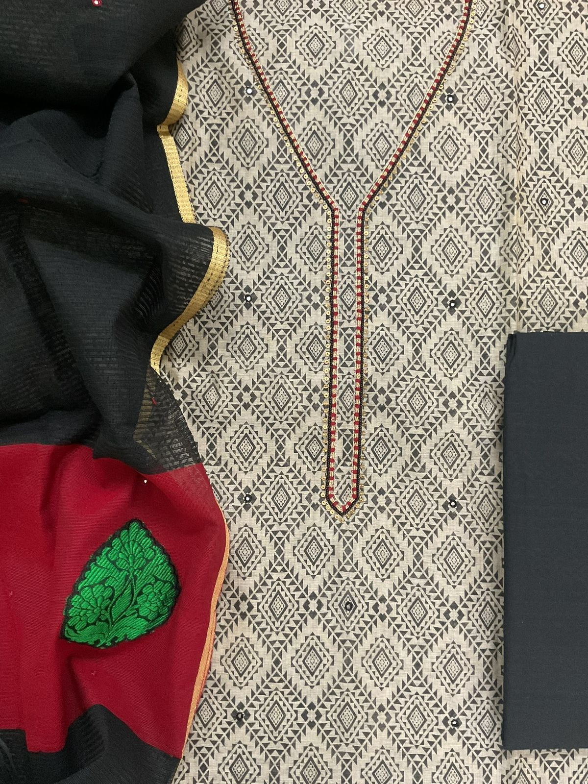 Soft Slub Chanderi Printed Embroidered Suit - Beige