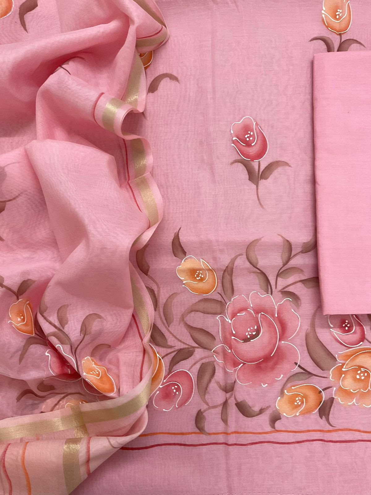 Soft Chanderi Brush Painted Suit - Pink