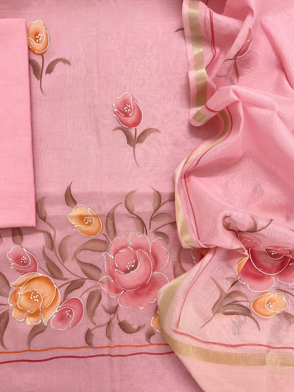 Soft Chanderi Brush Painted Suit - Pink