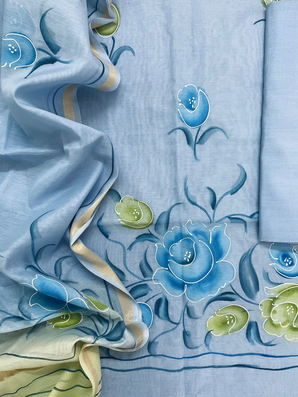 Soft Chanderi Brush Painted Suit - Blue
