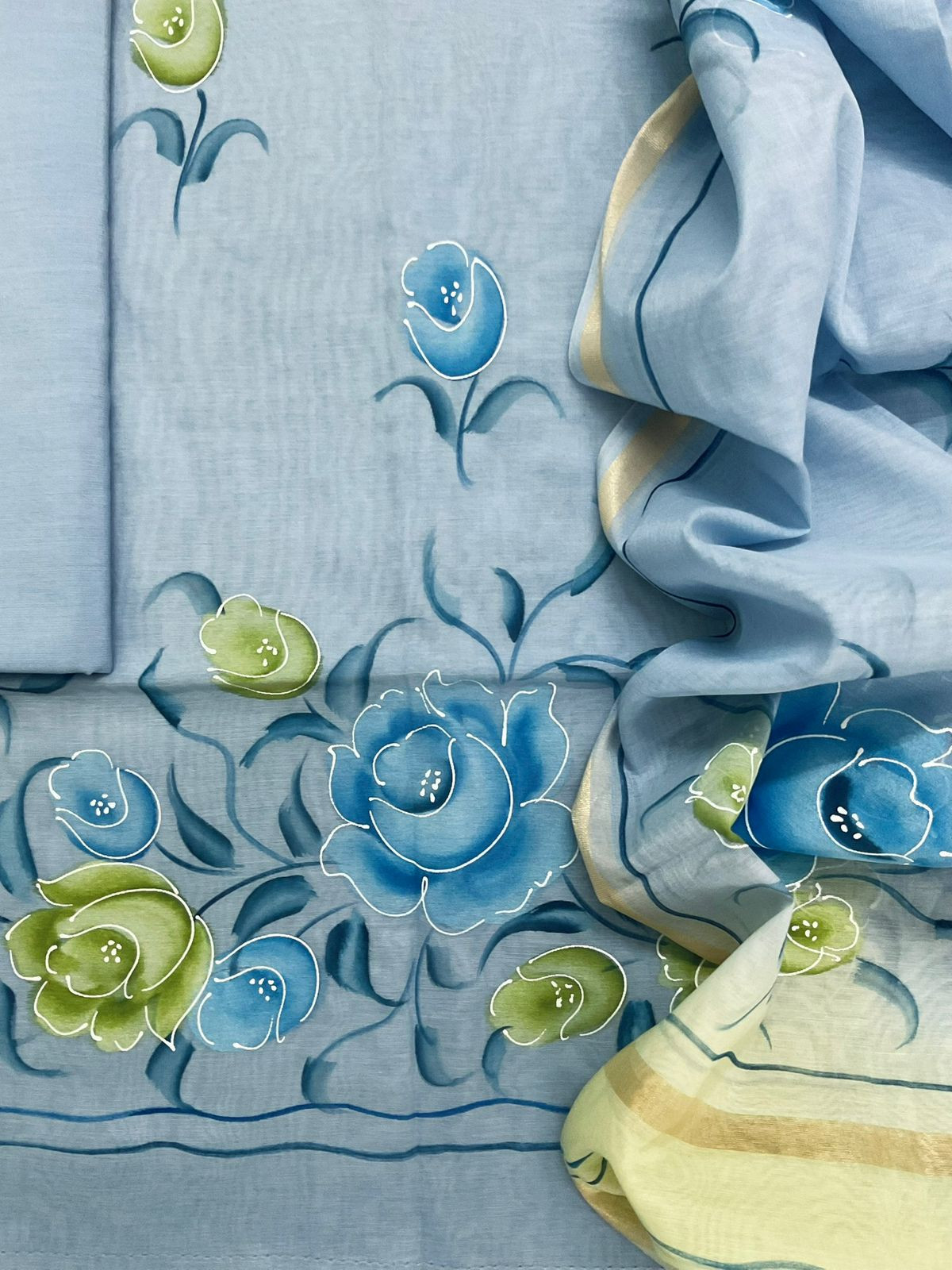 Soft Chanderi Brush Painted Suit - Blue