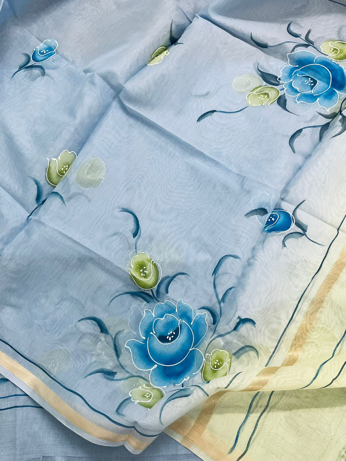 Soft Chanderi Brush Painted Suit - Blue