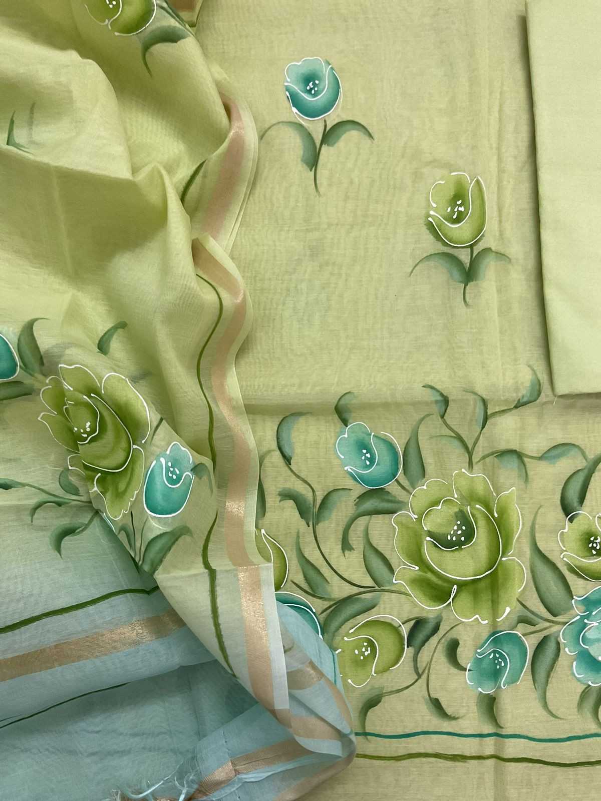 Soft Chanderi Brush Painted Suit - Green