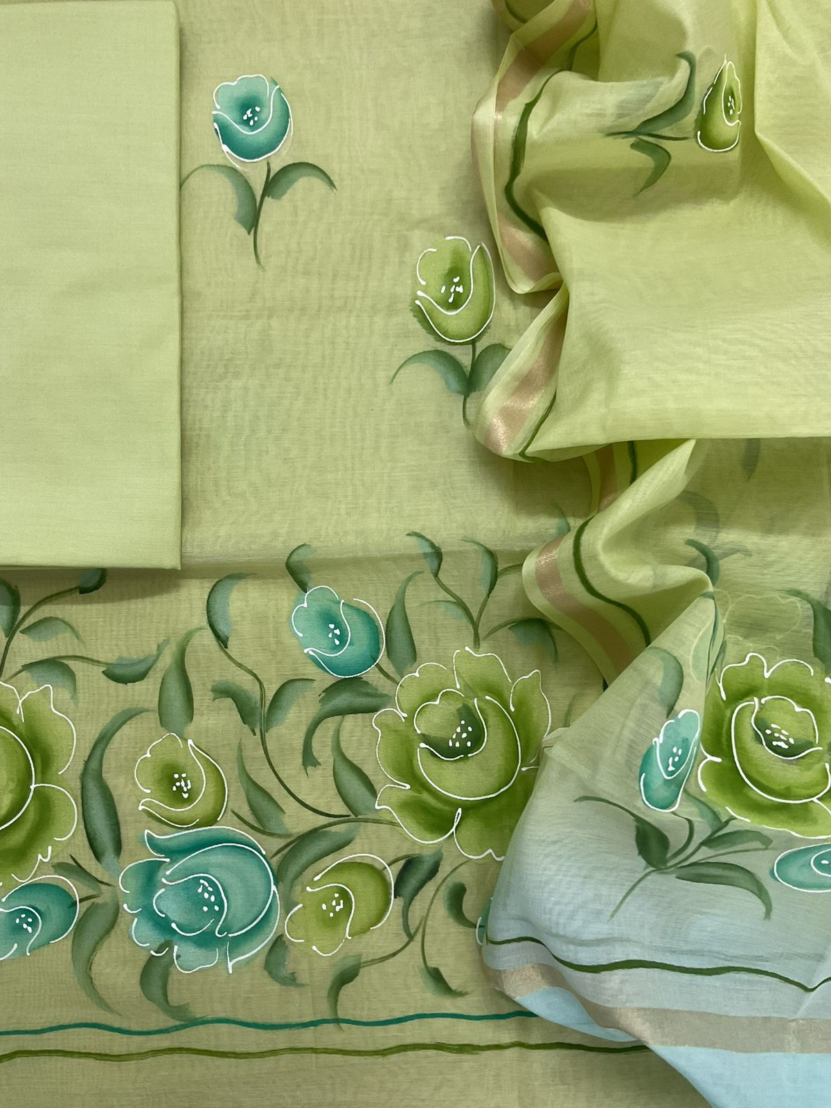 Soft Chanderi Brush Painted Suit - Green