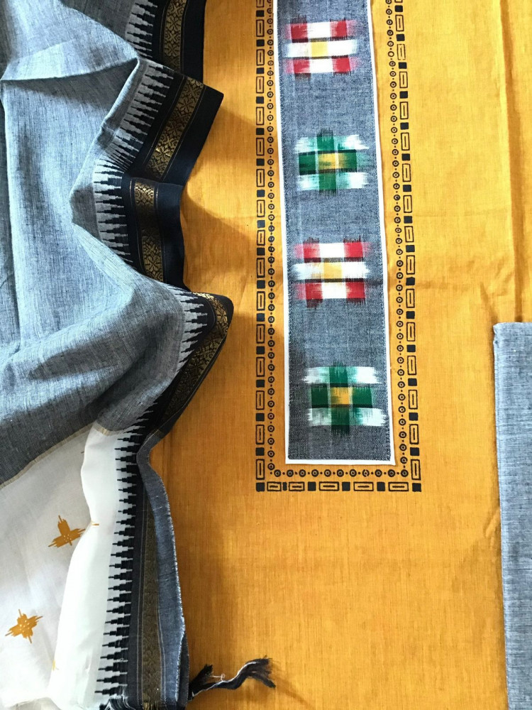 Image of Pure Handloom Cotton Self Weaved Printed Suit - Yellow