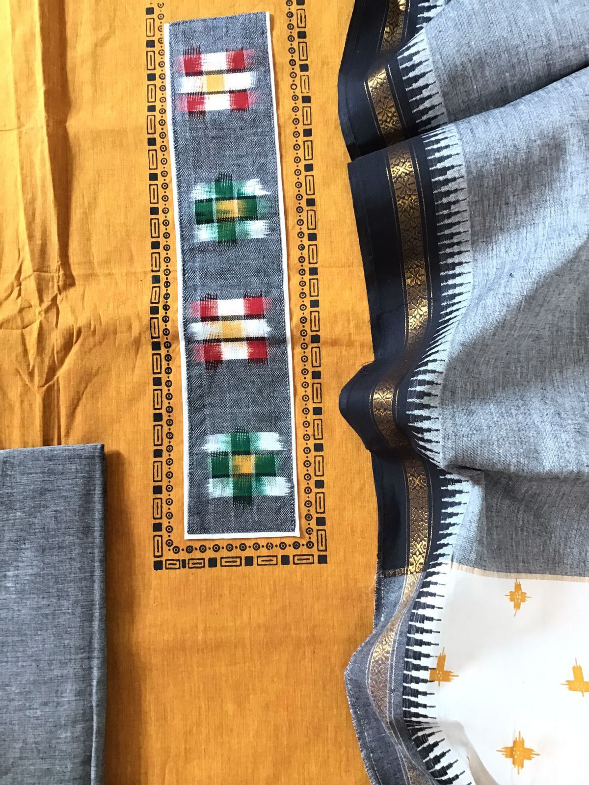 Pure Handloom Cotton Self Weaved Printed Suit - Yellow