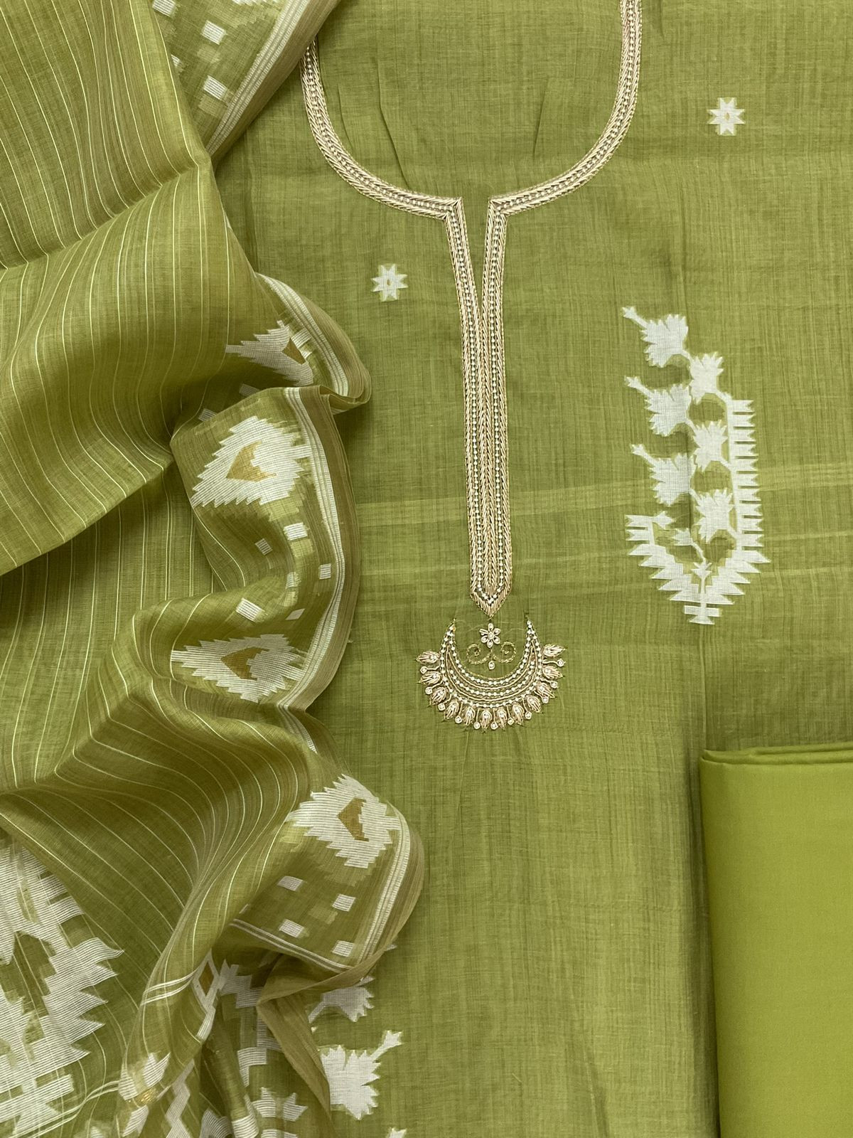 Soft Kora Chanderi Jamdani Weaved Embroidered Suit - Green