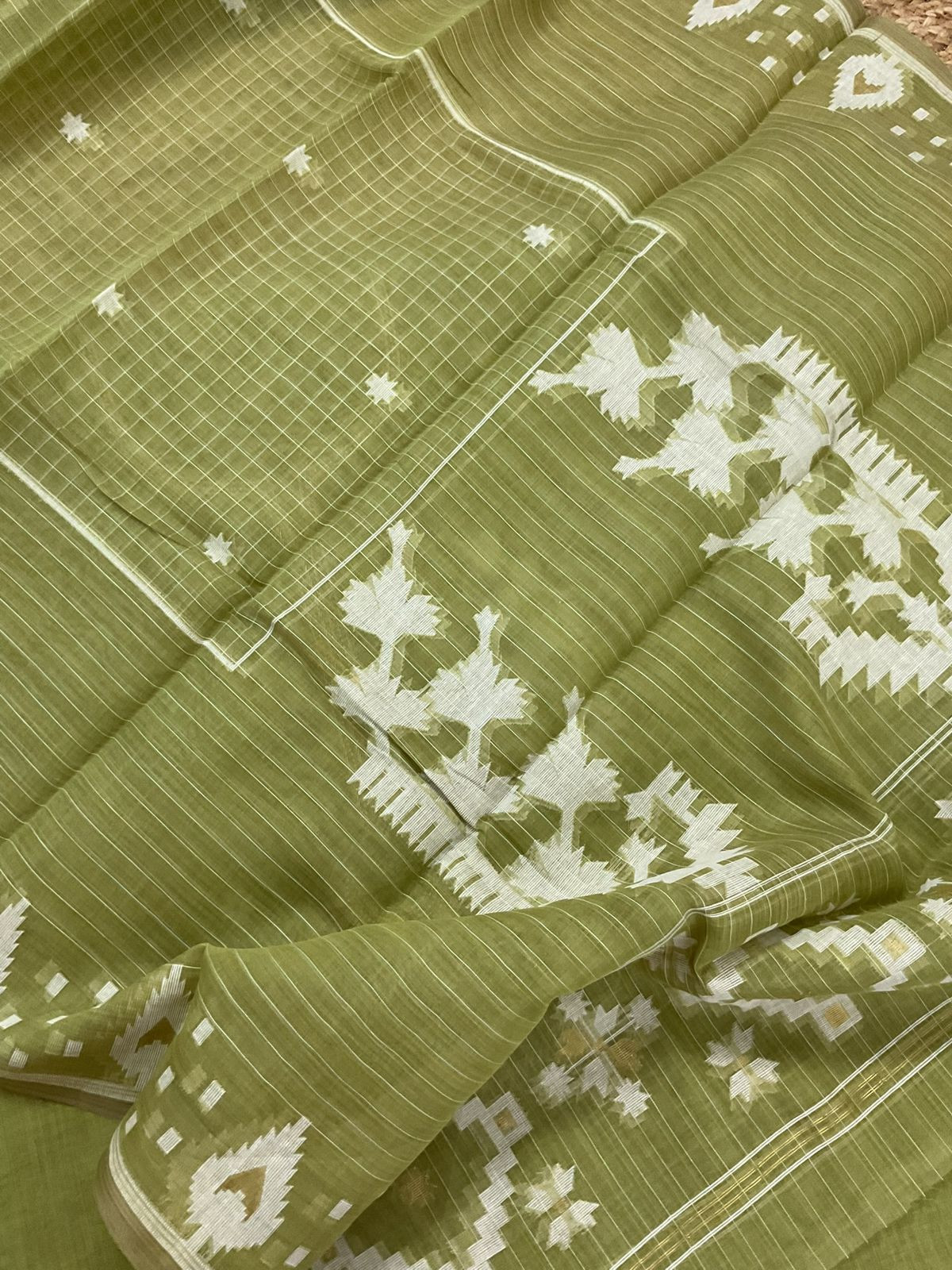 Soft Kora Chanderi Jamdani Weaved Embroidered Suit - Green