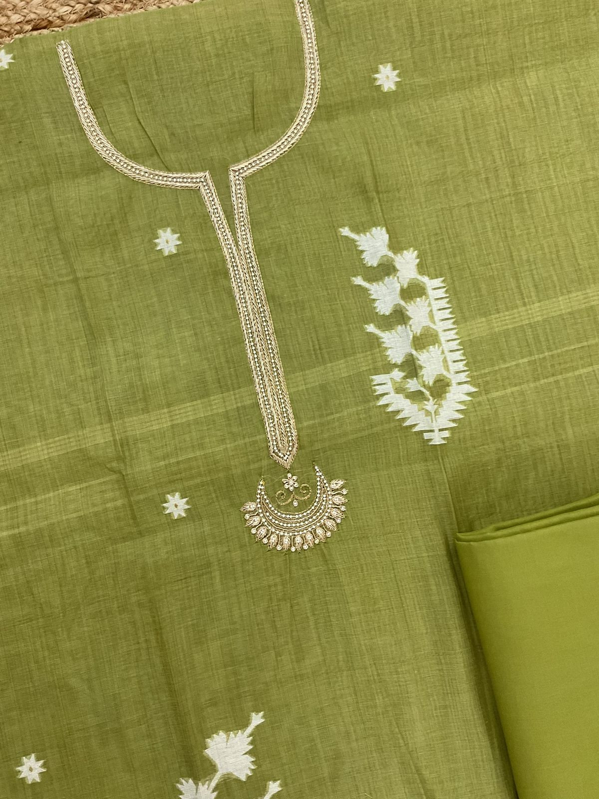Soft Kora Chanderi Jamdani Weaved Embroidered Suit - Green