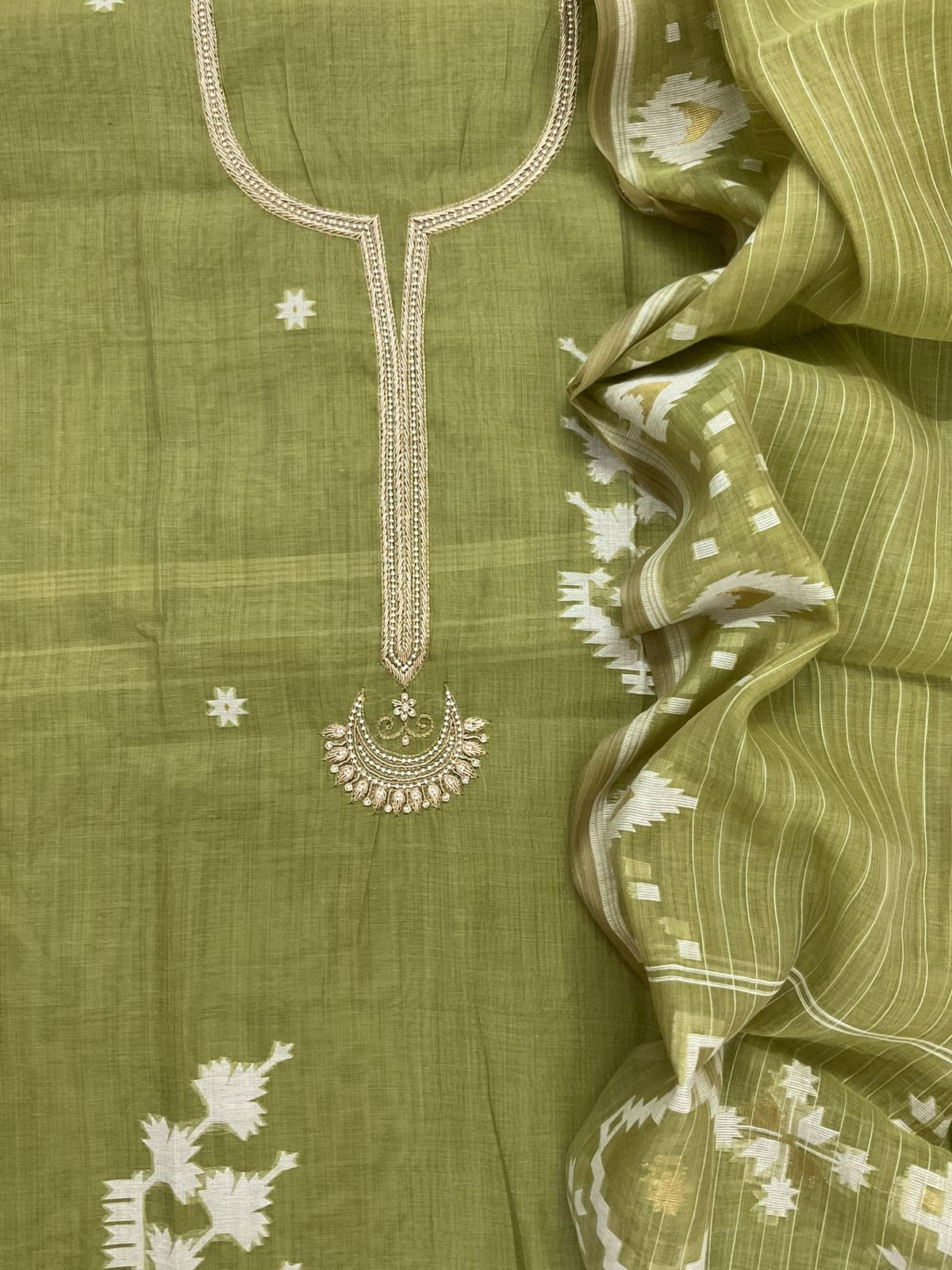 Soft Kora Chanderi Jamdani Weaved Embroidered Suit - Green