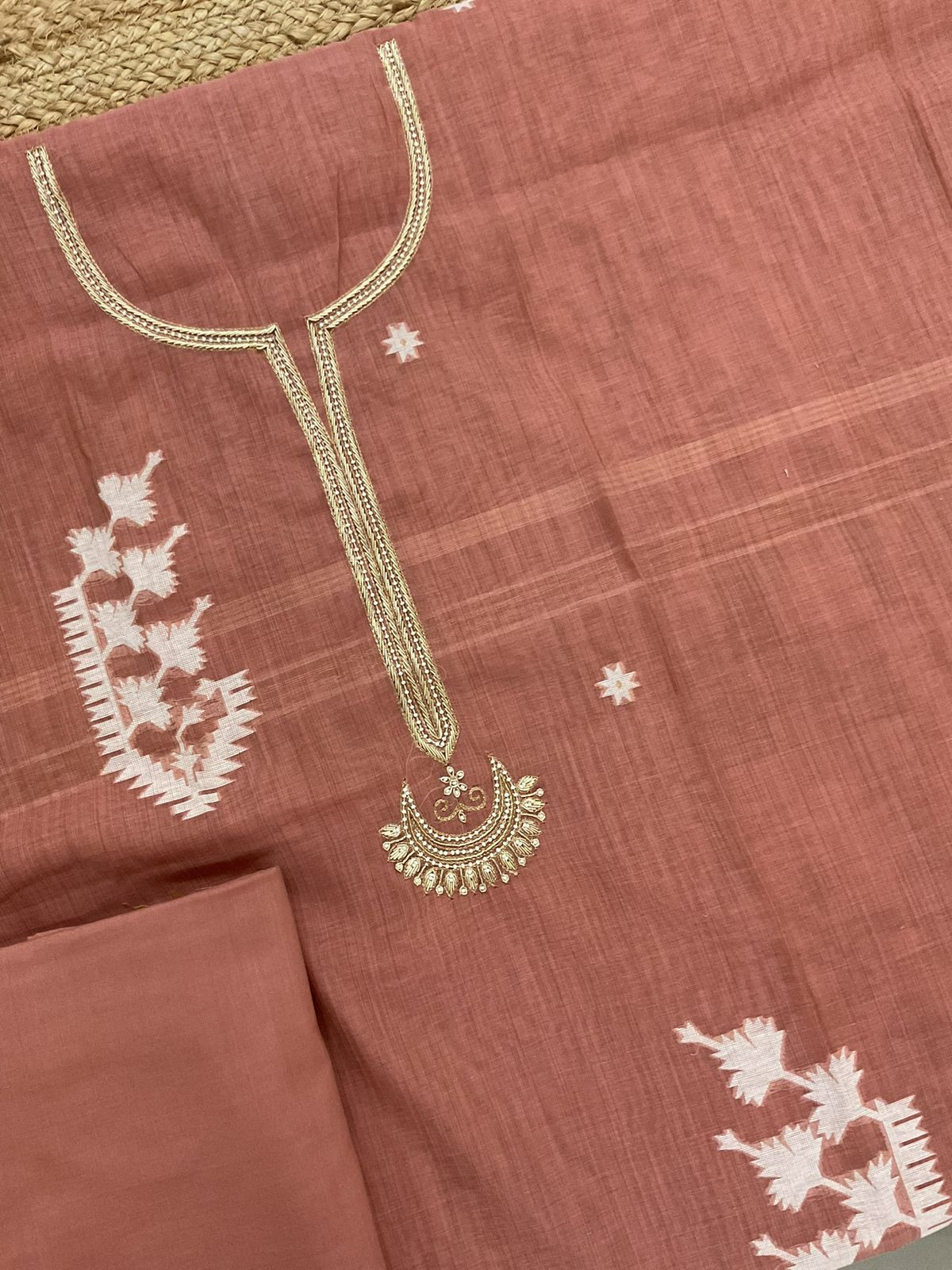 Soft Kora Chanderi Jamdani Weaved Embroidered Suit - Rustic Peach