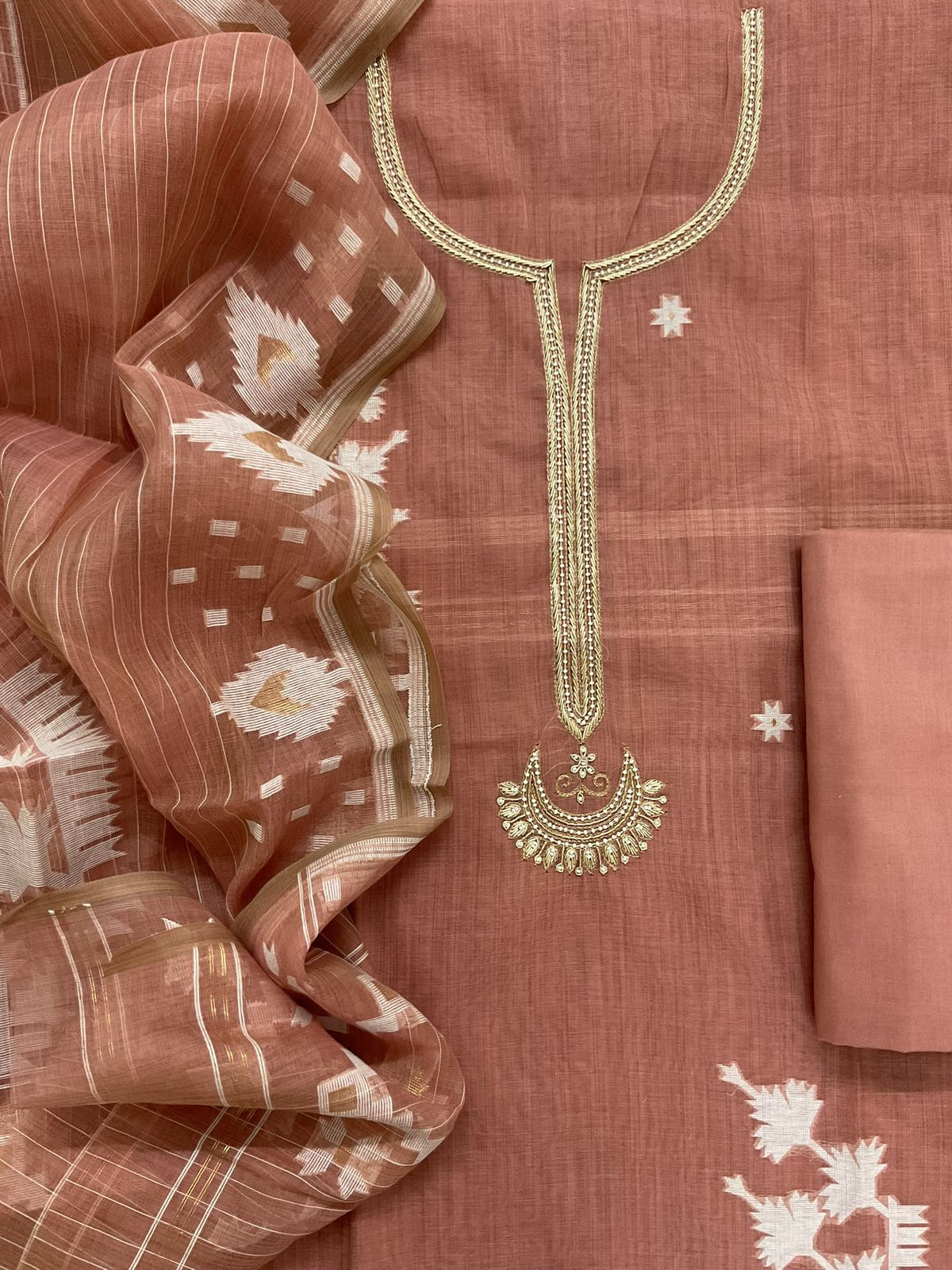 Soft Kora Chanderi Jamdani Weaved Embroidered Suit - Rustic Peach
