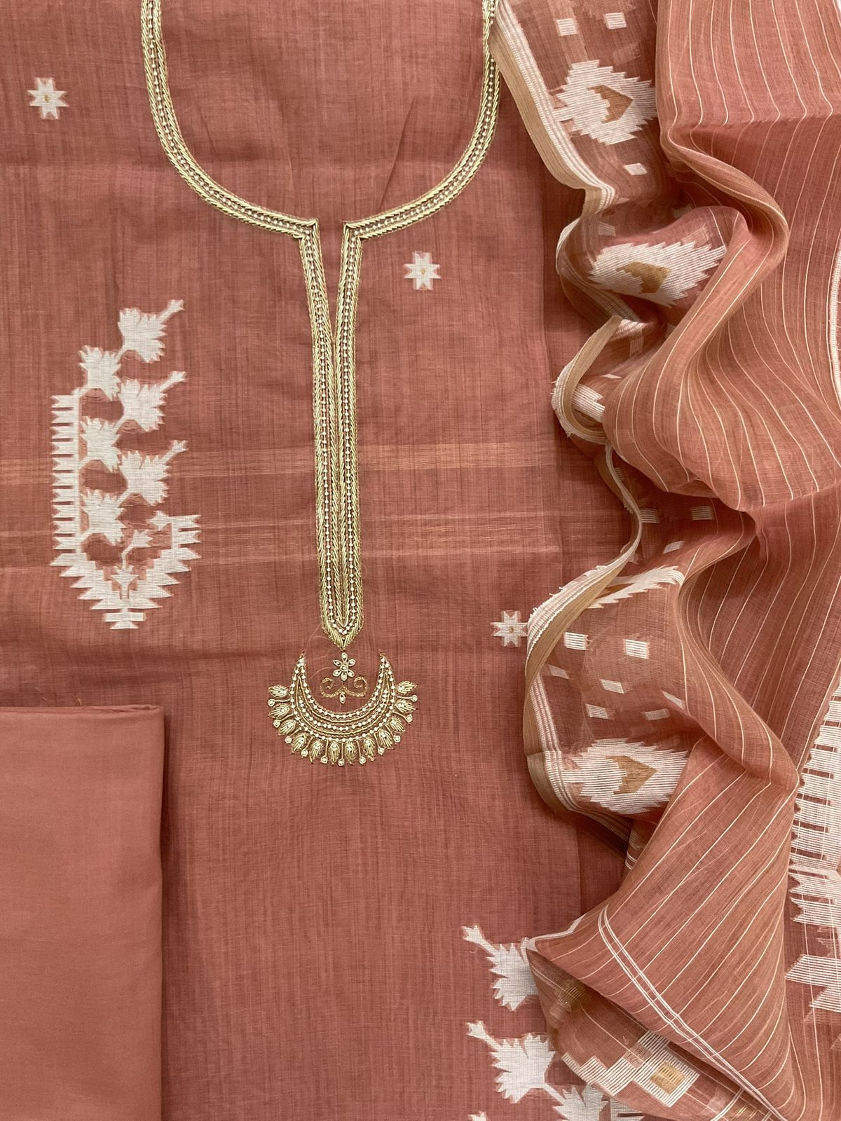 Soft Kora Chanderi Jamdani Weaved Embroidered Suit - Rustic Peach