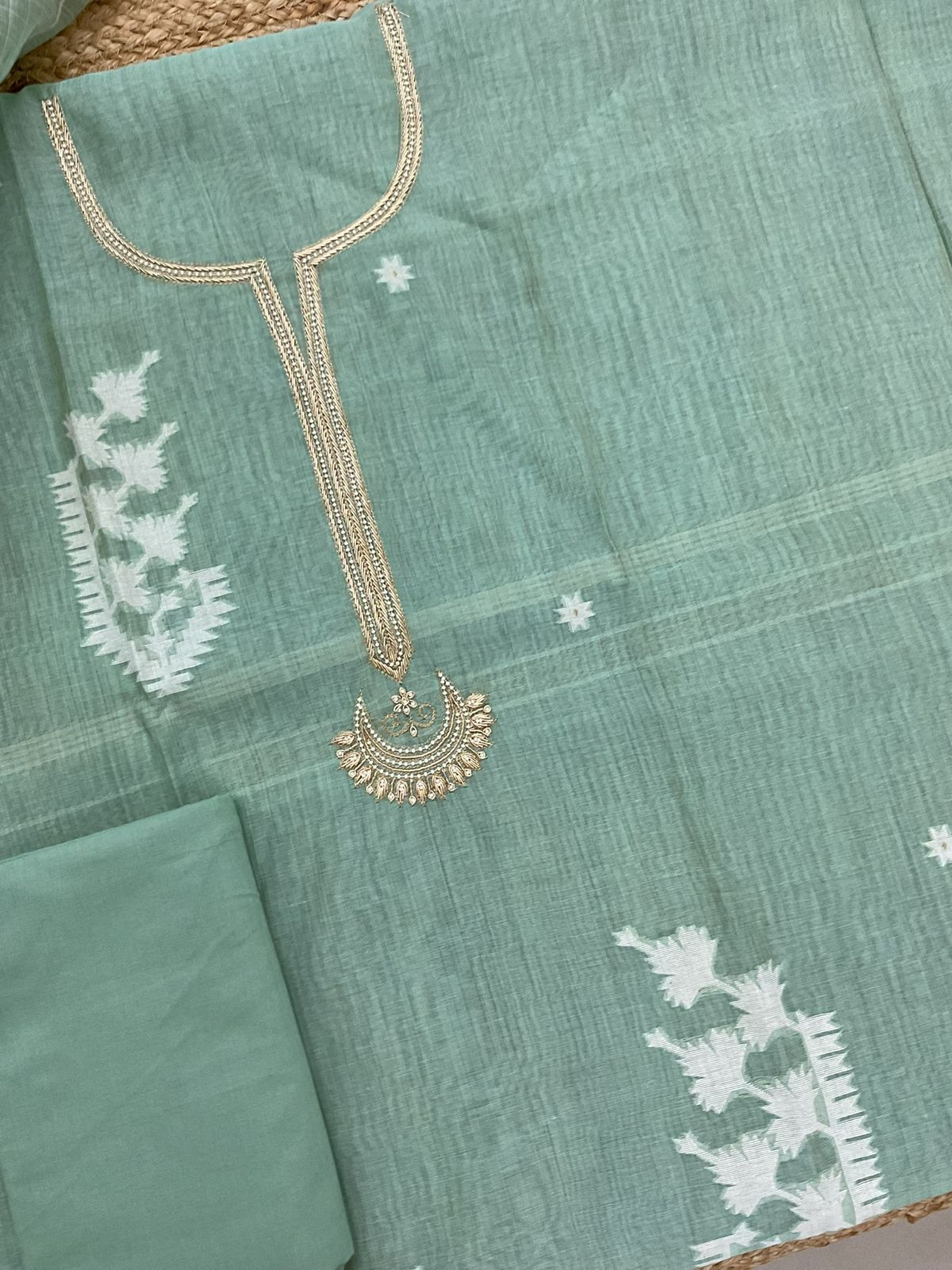 Soft Kora Chanderi Jamdani Weaved Embroidered Suit - Sea Blue