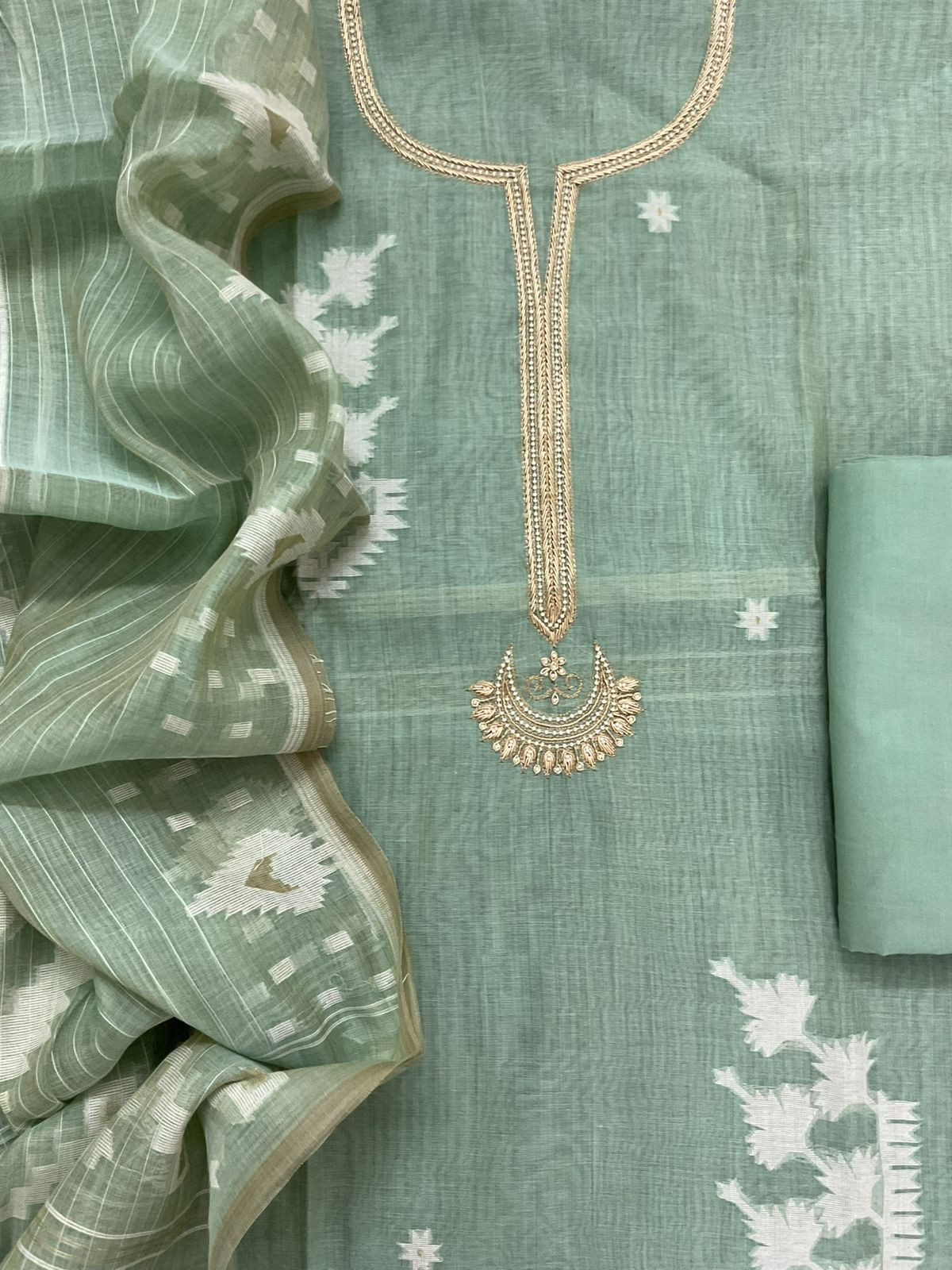 Soft Kora Chanderi Jamdani Weaved Embroidered Suit - Sea Blue