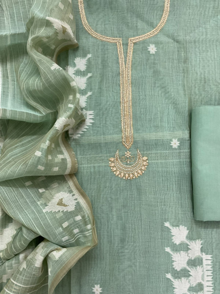 Image of Soft Kora Chanderi Jamdani Weaved Embroidered Suit - Sea Blue