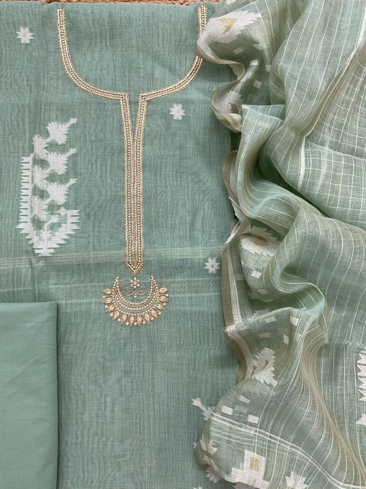 Soft Kora Chanderi Jamdani Weaved Embroidered Suit - Sea Blue