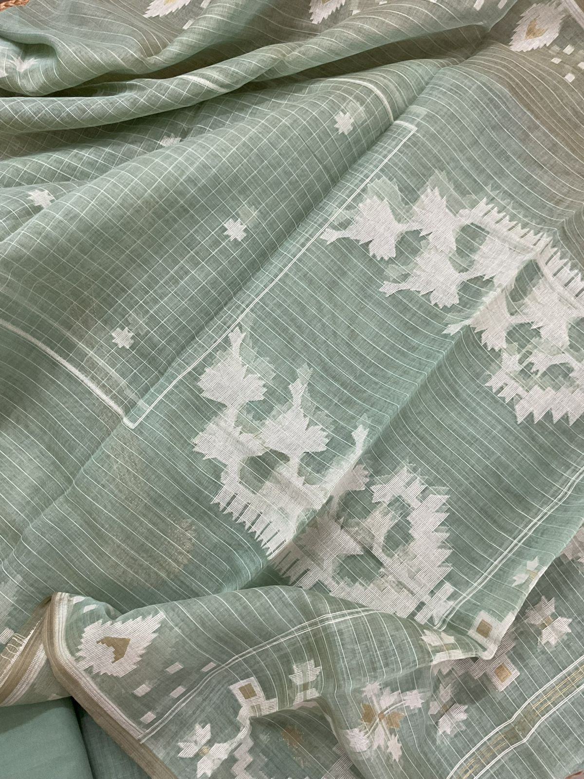 Soft Kora Chanderi Jamdani Weaved Embroidered Suit - Sea Blue