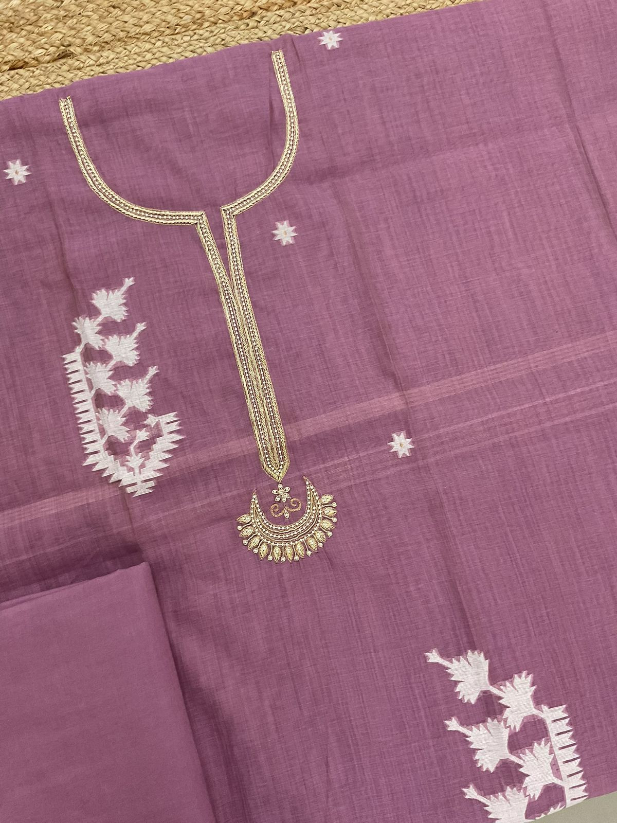 Soft Kora Chanderi Jamdani Weaved Embroidered Suit - Mauve