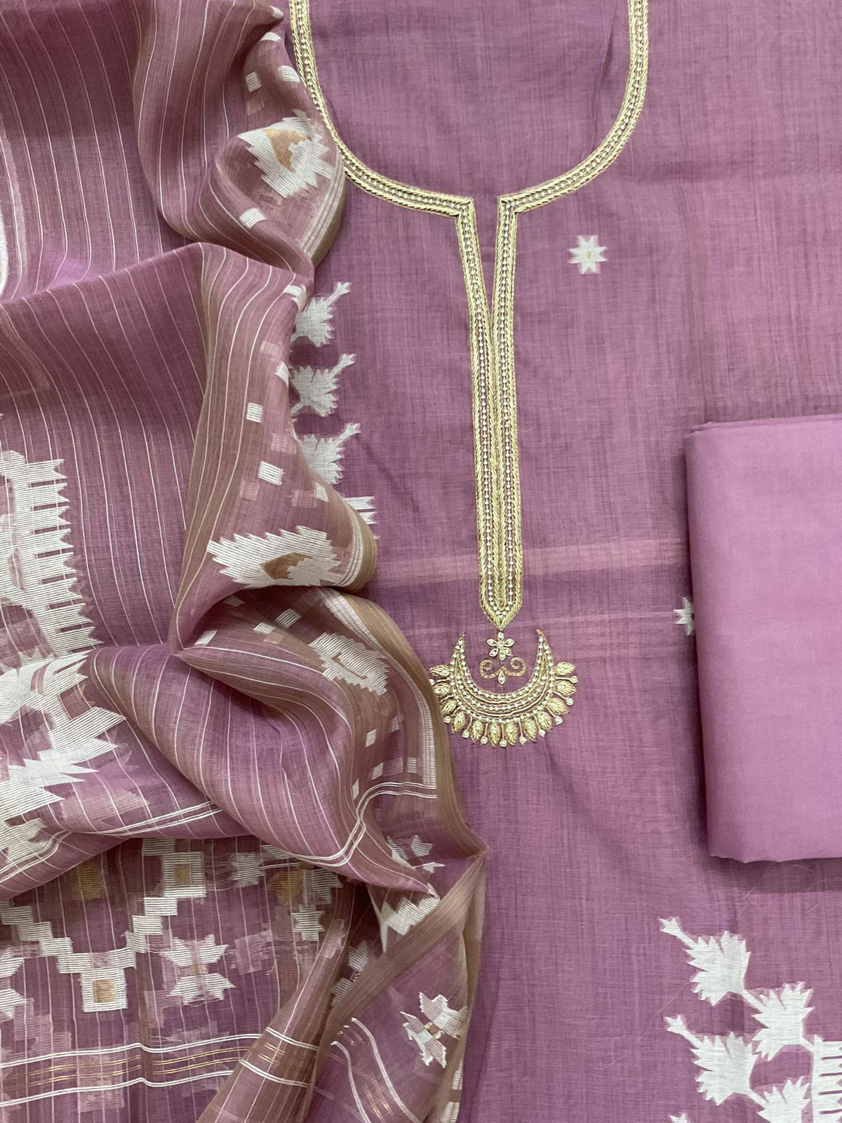 Soft Kora Chanderi Jamdani Weaved Embroidered Suit - Mauve