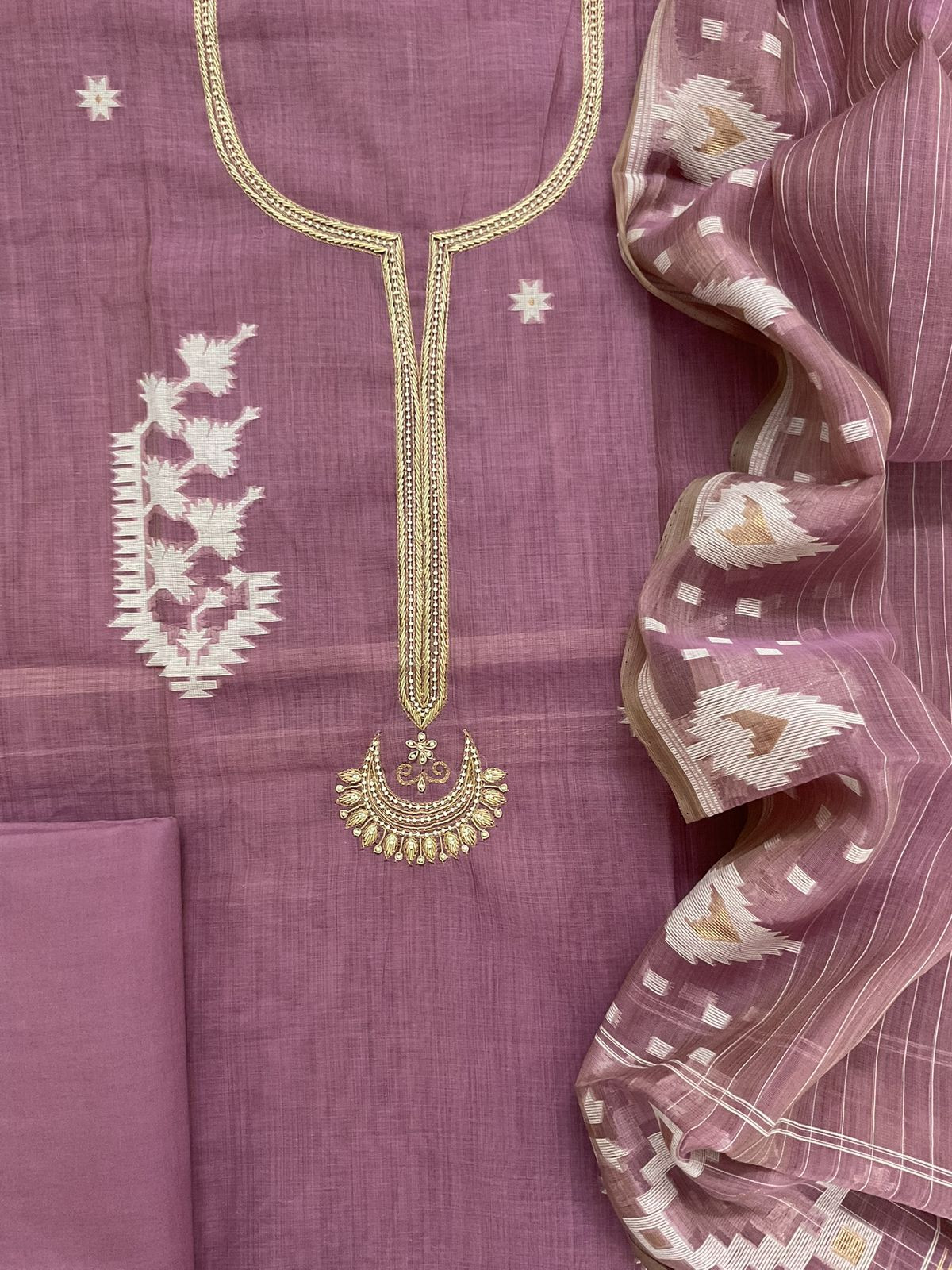 Soft Kora Chanderi Jamdani Weaved Embroidered Suit - Mauve